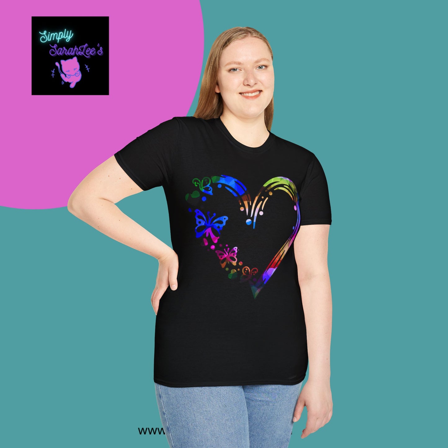 Rainbow Heart with butterflies Unisex Softstyle T-Shirt for Teens and Adults