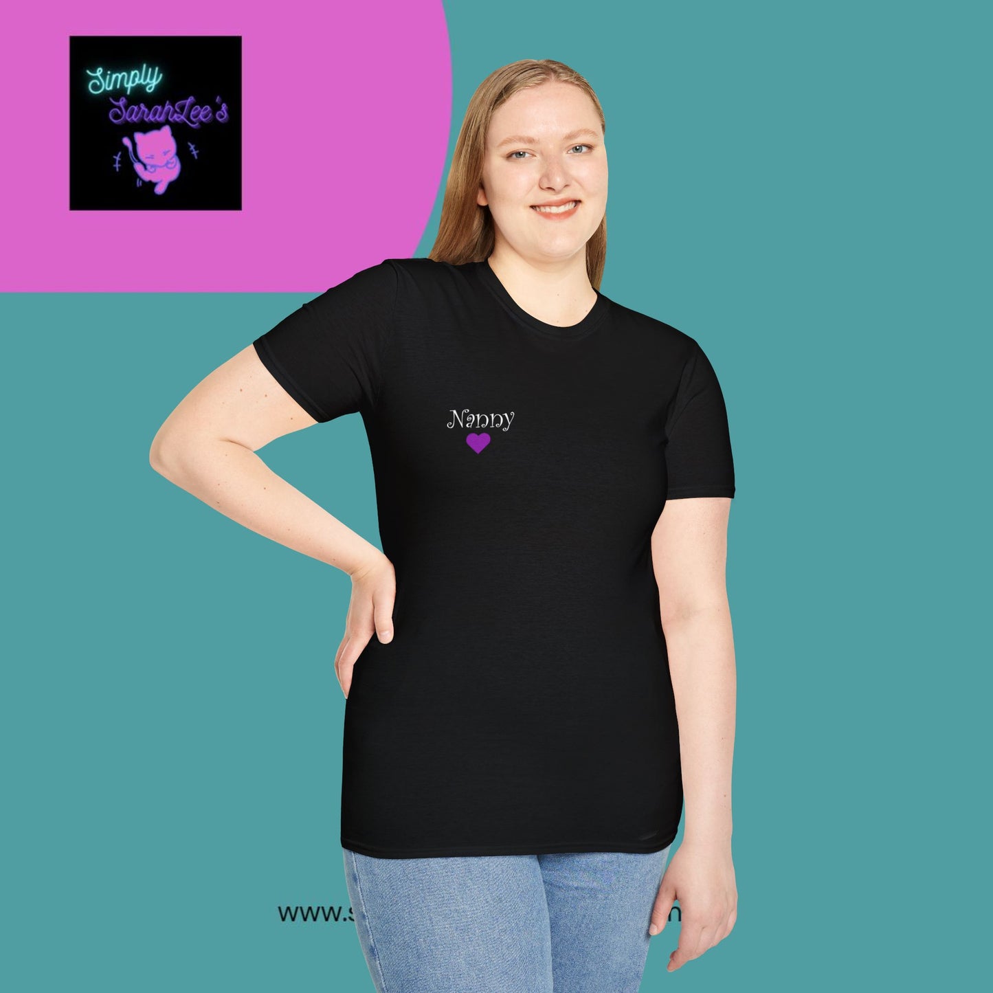 ASL Hands saying Nanny on Front and back with purple and grey hearts Unisex Softstyle T-Shirt