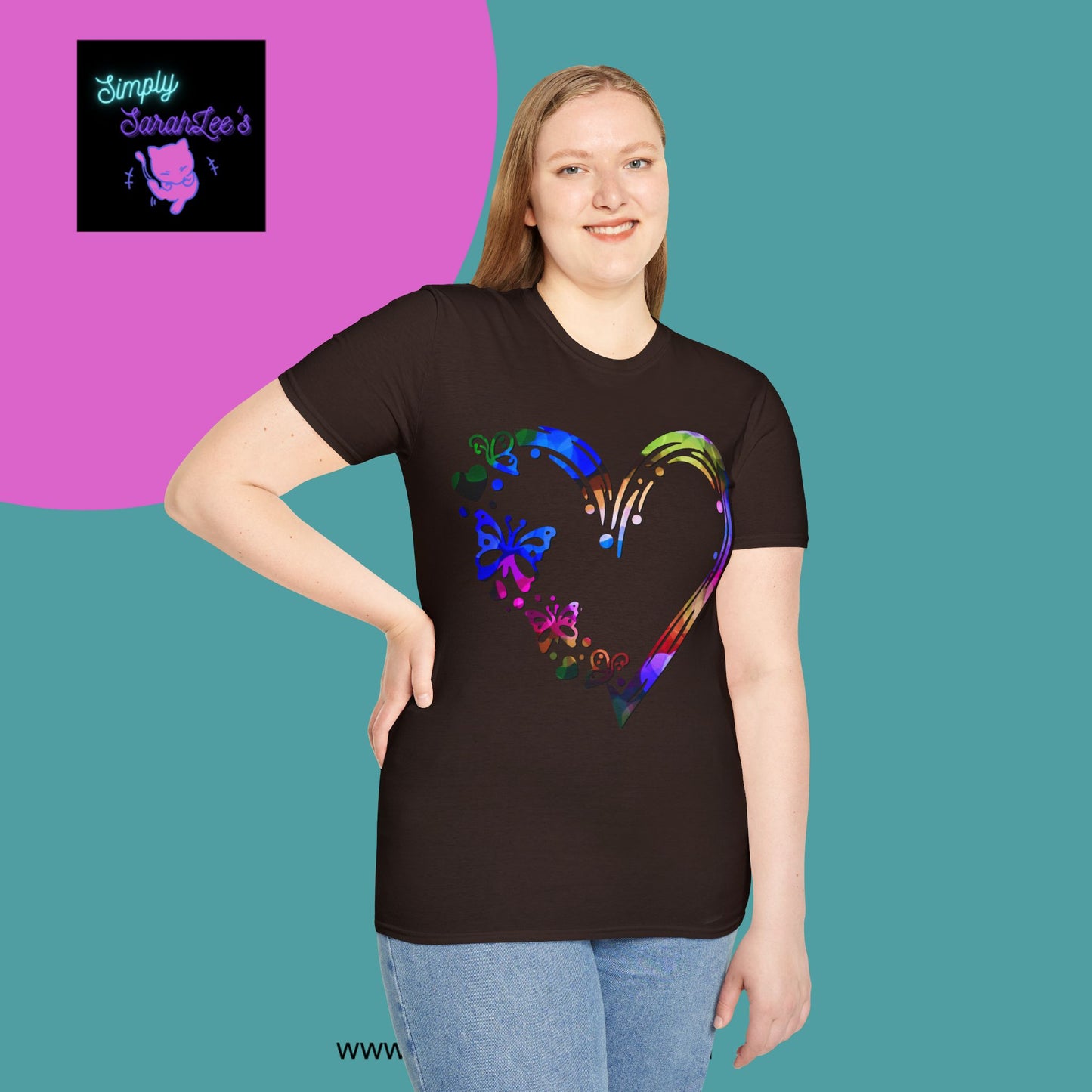 Rainbow Heart with butterflies Unisex Softstyle T-Shirt for Teens and Adults