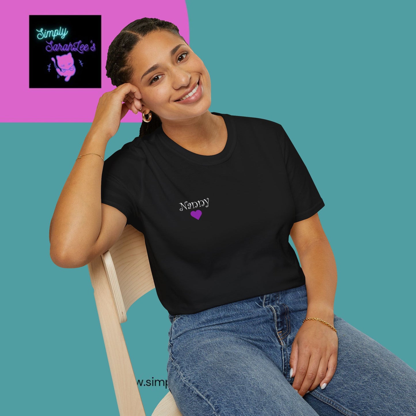 ASL Hands saying Nanny on Front and back with purple and grey hearts Unisex Softstyle T-Shirt