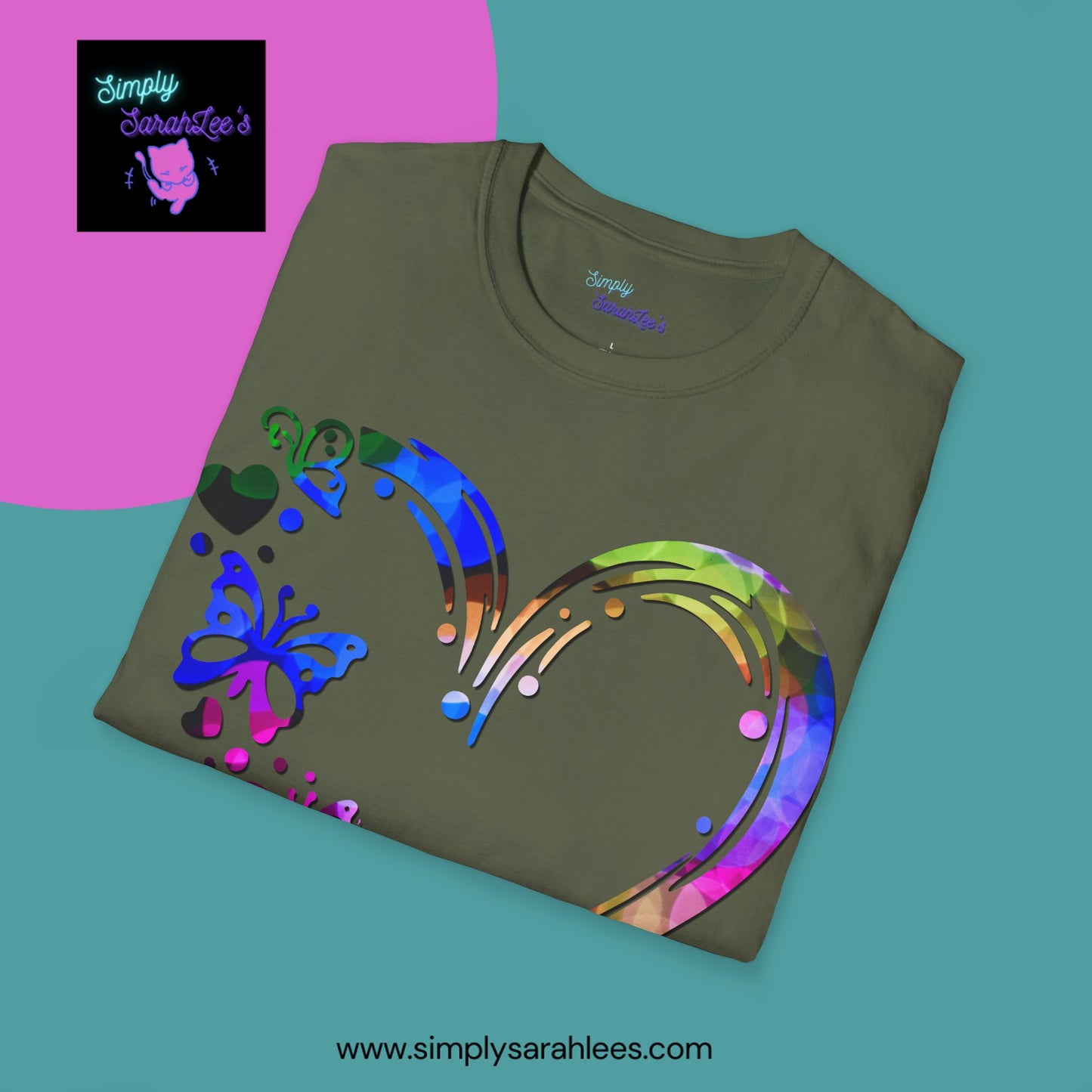 Rainbow Heart with butterflies Unisex Softstyle T-Shirt for Teens and Adults