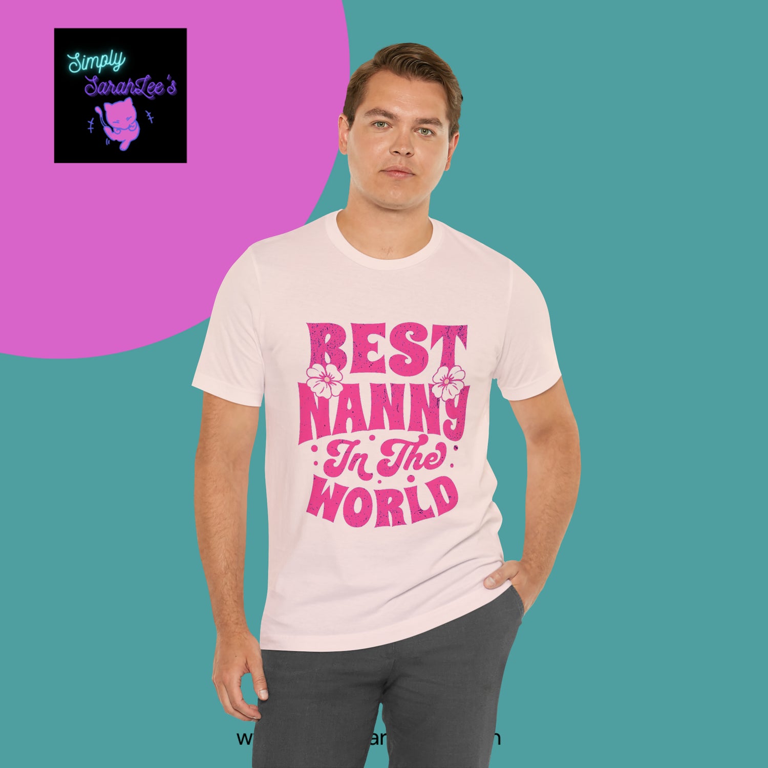 Best Nanny in the World in pink letters Unisex Jersey Short Sleeve Tee Printify