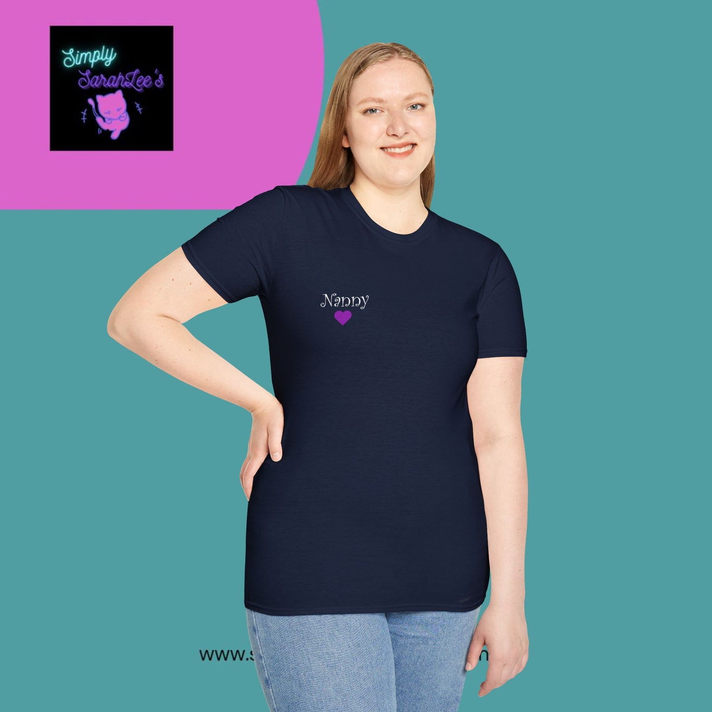 ASL Hands saying Nanny on Front and back with purple and grey hearts Unisex Softstyle T-Shirt