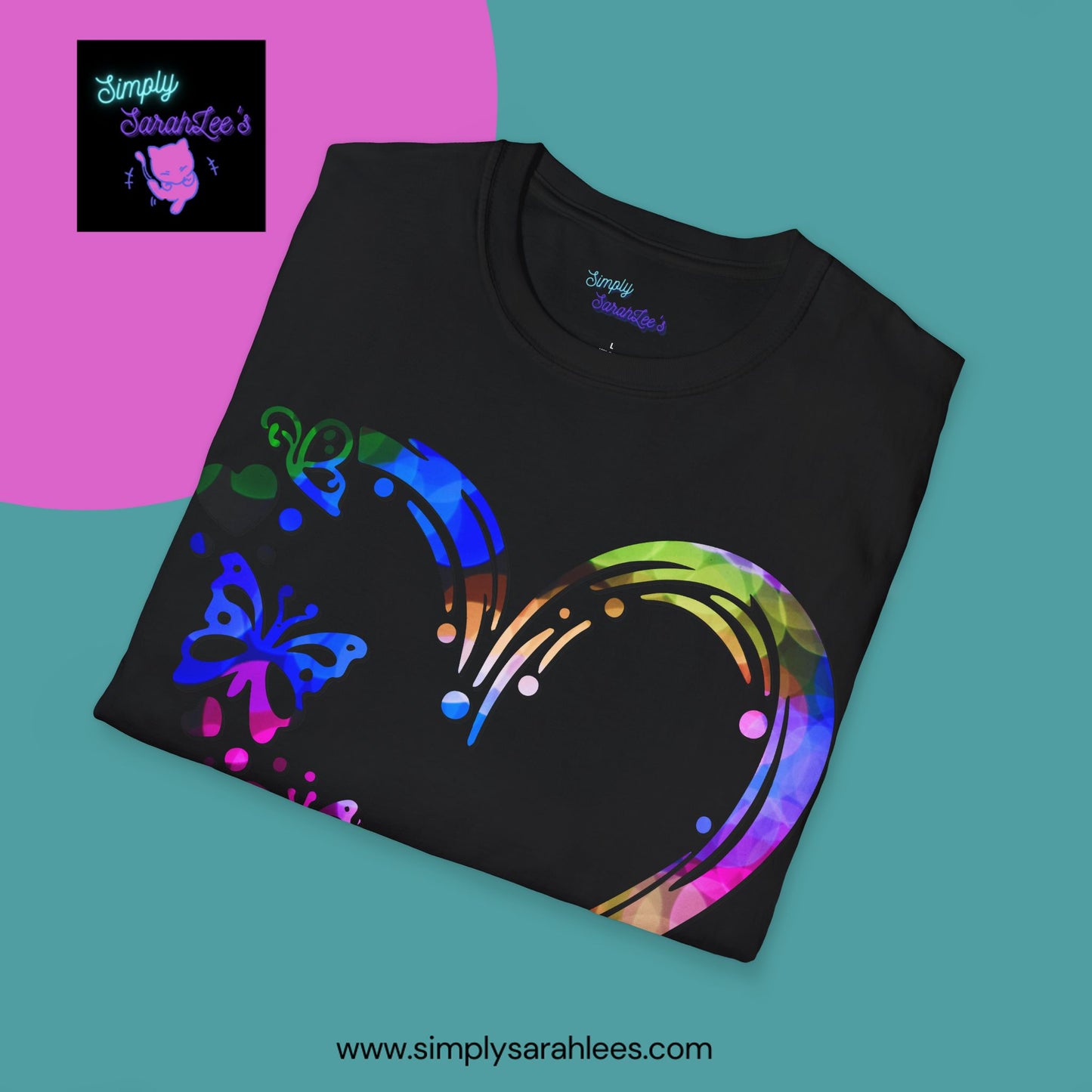 Rainbow Heart with butterflies Unisex Softstyle T-Shirt for Teens and Adults