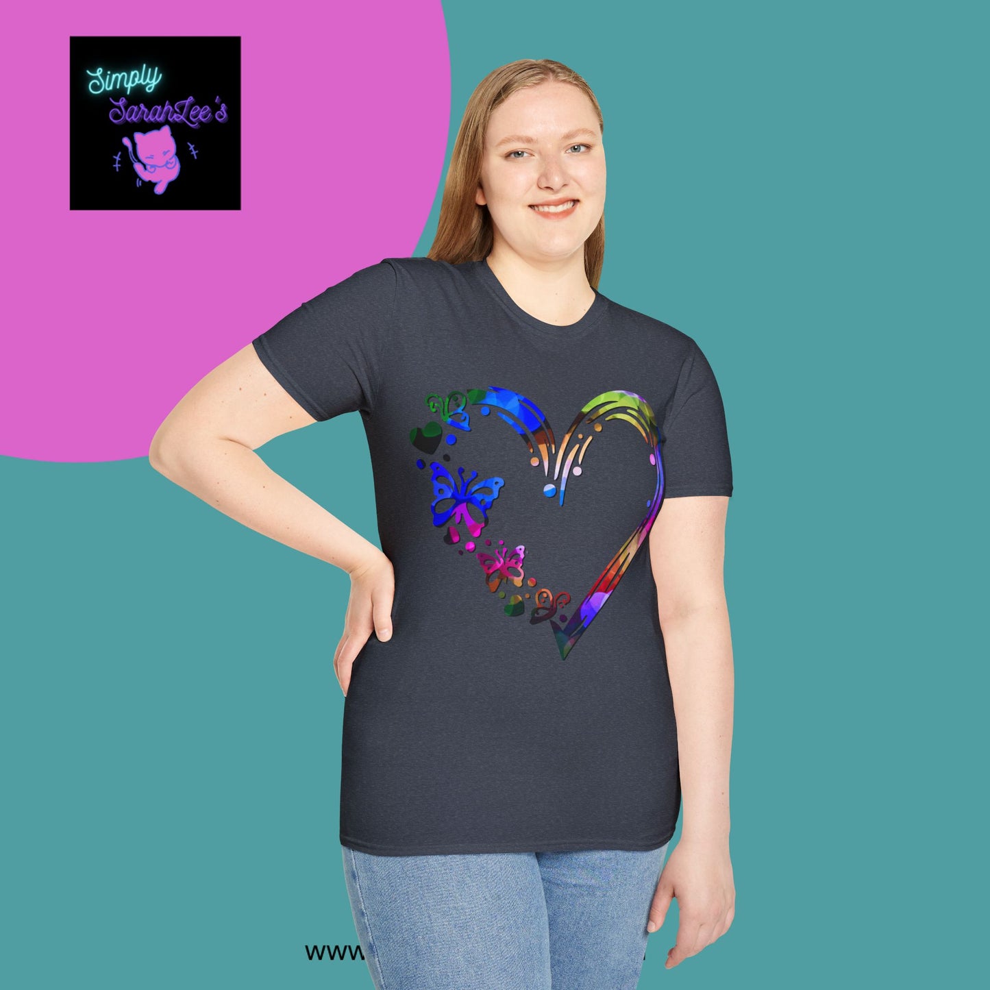 Rainbow Heart with butterflies Unisex Softstyle T-Shirt for Teens and Adults