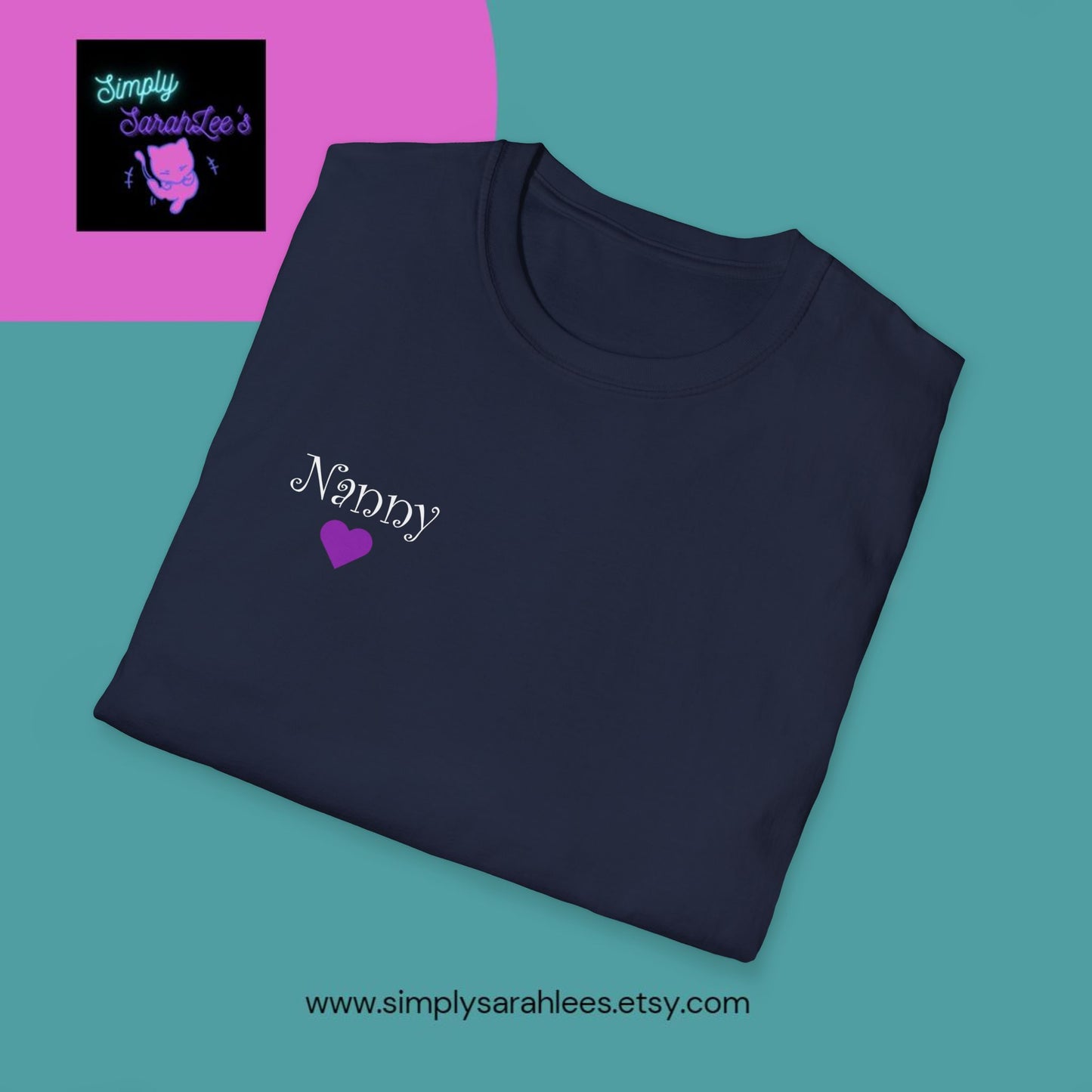 ASL Hands saying Nanny on Front and back with purple and grey hearts Unisex Softstyle T-Shirt