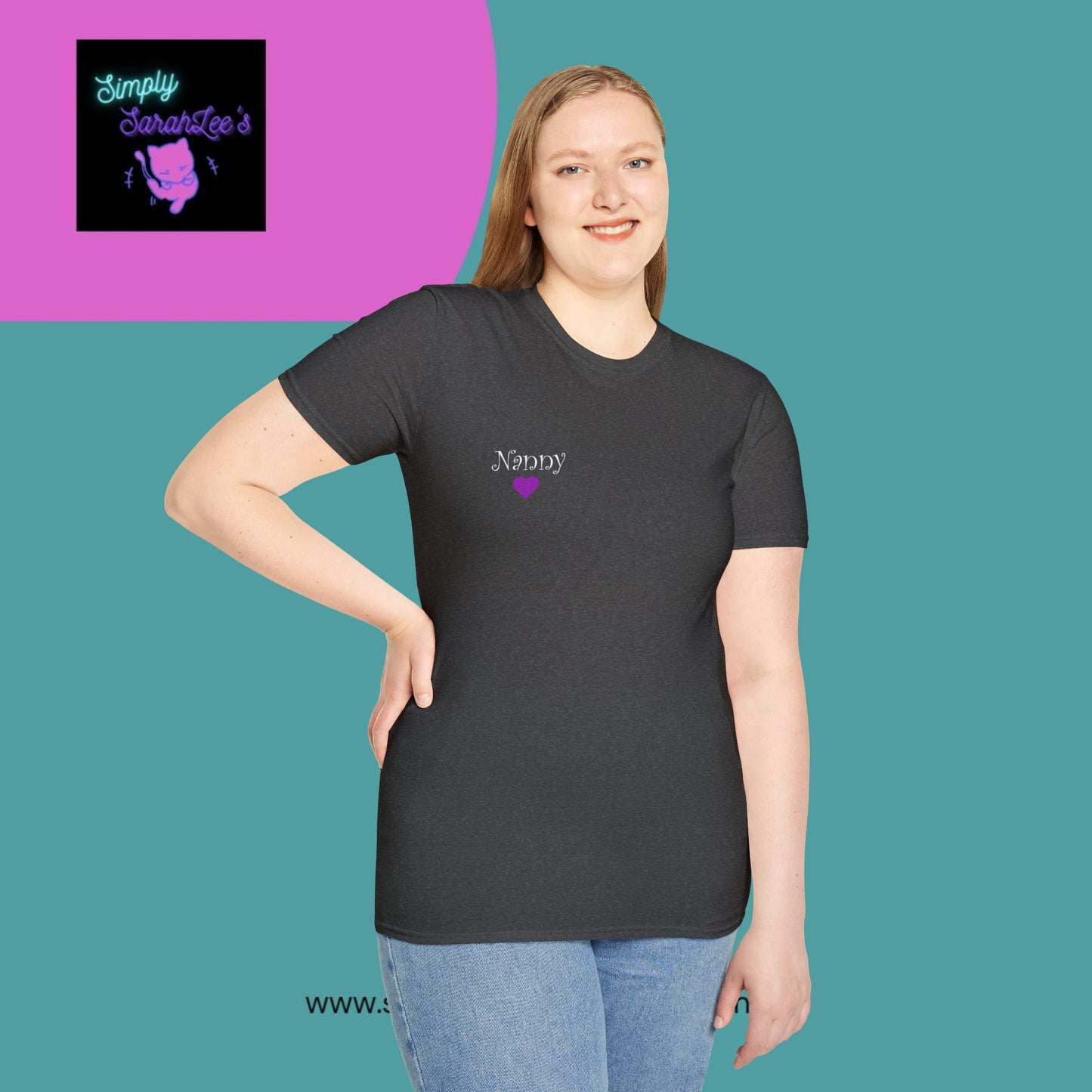 ASL Hands saying Nanny on Front and back with purple and grey hearts Unisex Softstyle T-Shirt