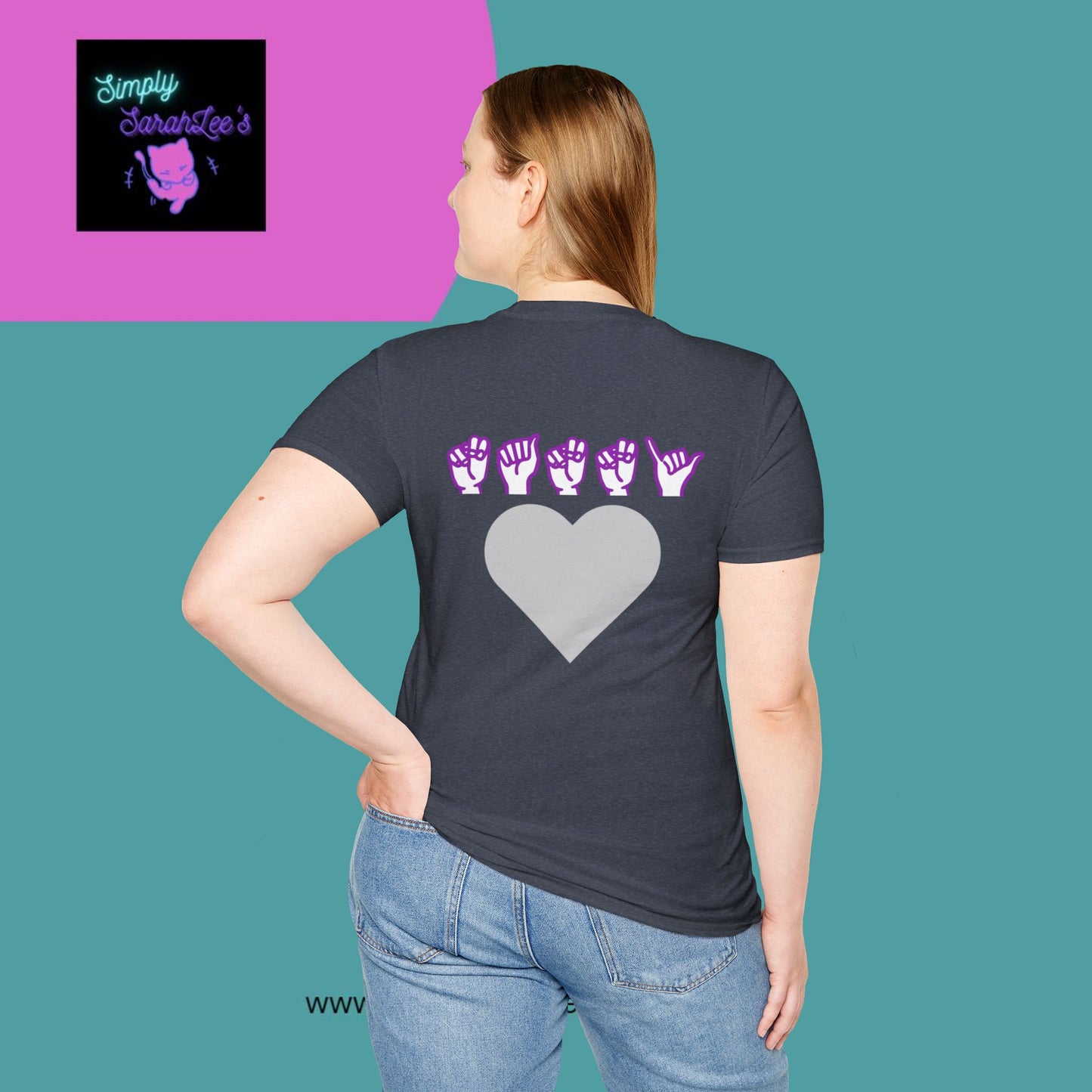 ASL Hands saying Nanny on Front and back with purple and grey hearts Unisex Softstyle T-Shirt