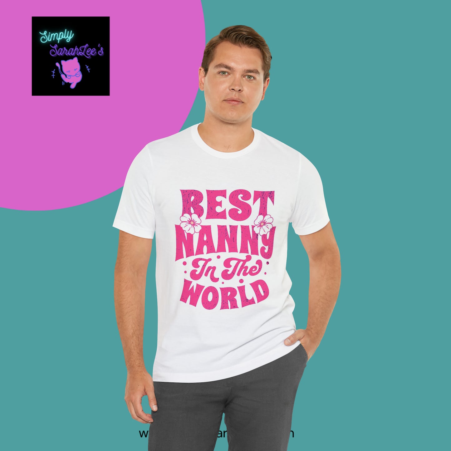 Best Nanny in the World in pink letters Unisex Jersey Short Sleeve Tee Printify