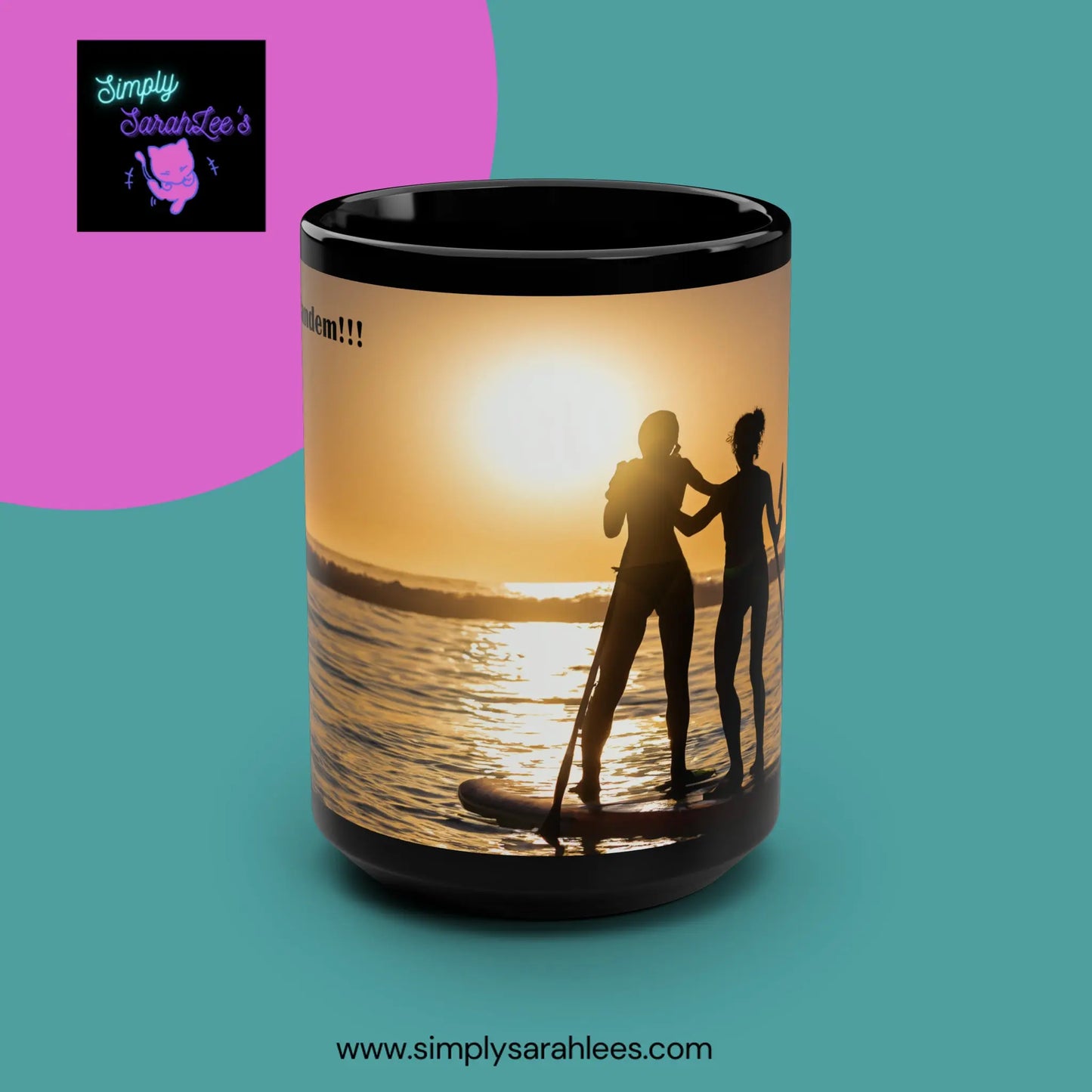 2 Ladies Tandem Surfing on a Paddle Board during Golden Hour *Custom* Black Mug, 15oz Printify