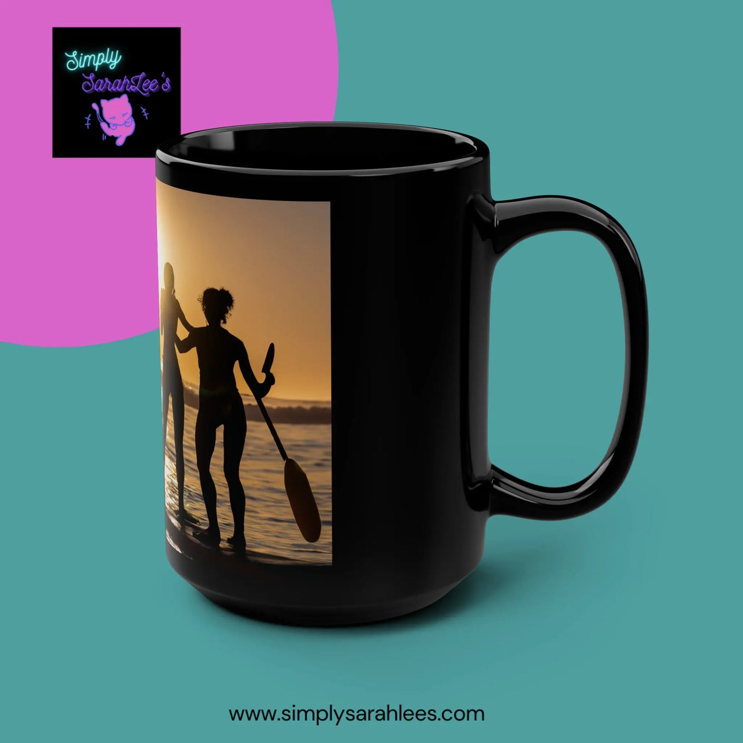 2 Ladies Tandem Surfing on a Paddle Board during Golden Hour *Custom* Black Mug, 15oz Printify