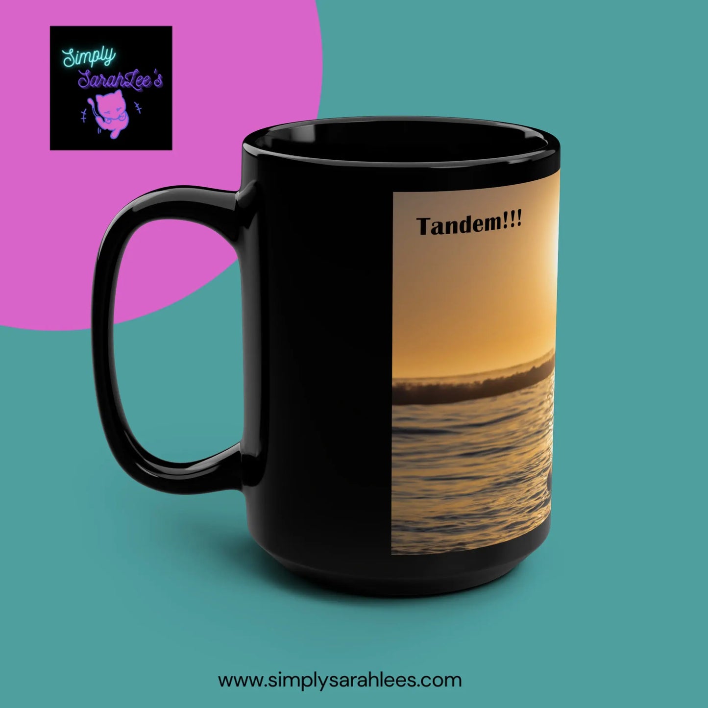 2 Ladies Tandem Surfing on a Paddle Board during Golden Hour *Custom* Black Mug, 15oz Printify