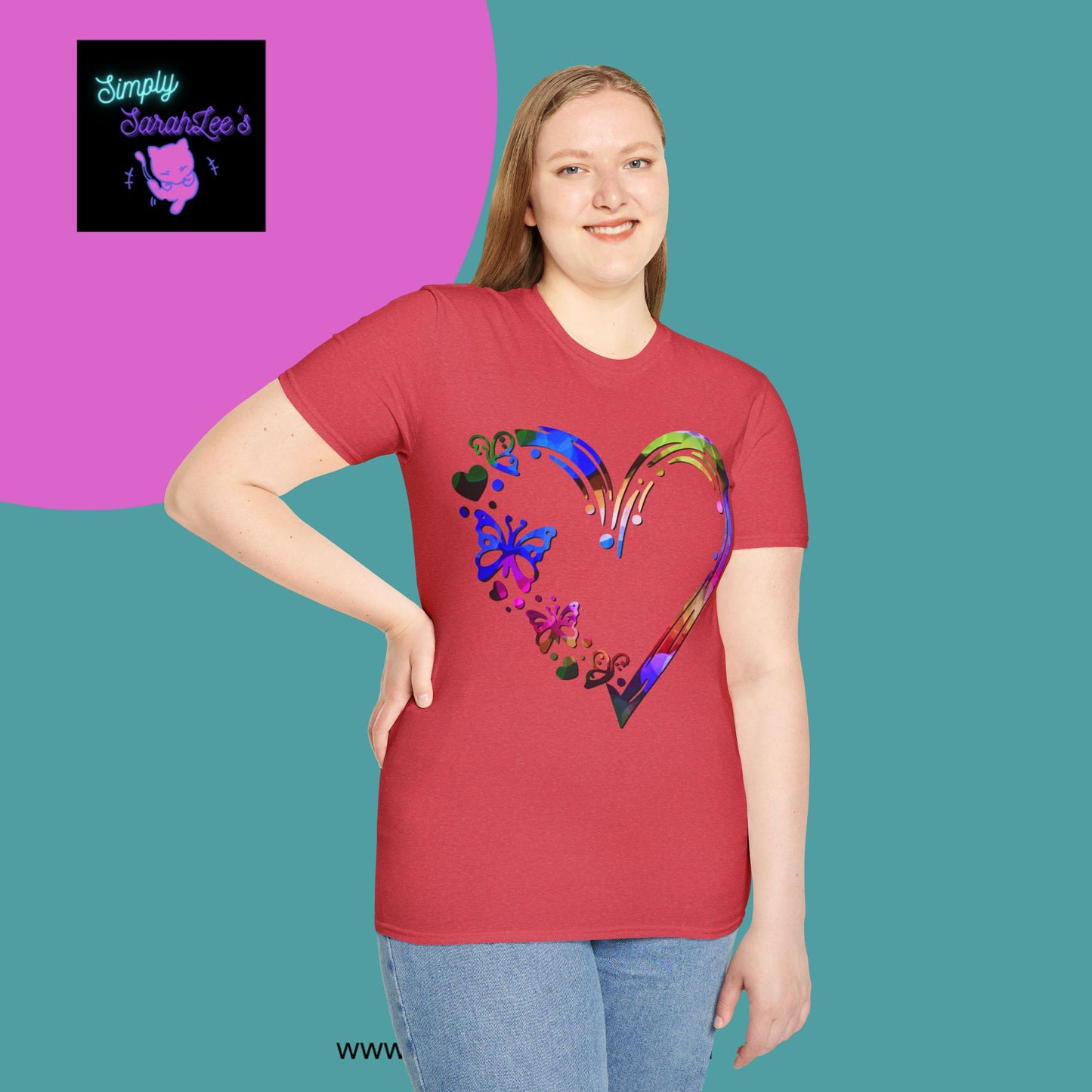 Rainbow Heart with butterflies Unisex Softstyle T-Shirt for Teens and Adults