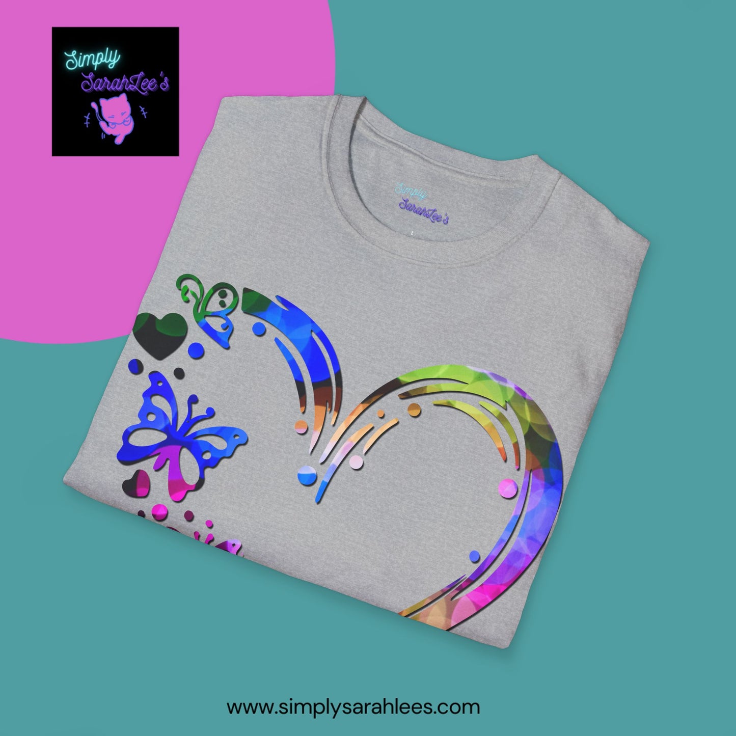 Rainbow Heart with butterflies Unisex Softstyle T-Shirt for Teens and Adults