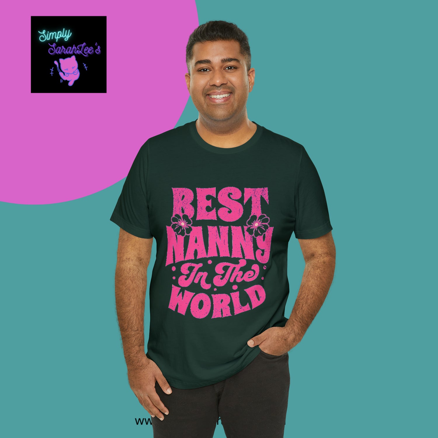 Best Nanny in the World in pink letters Unisex Jersey Short Sleeve Tee Printify