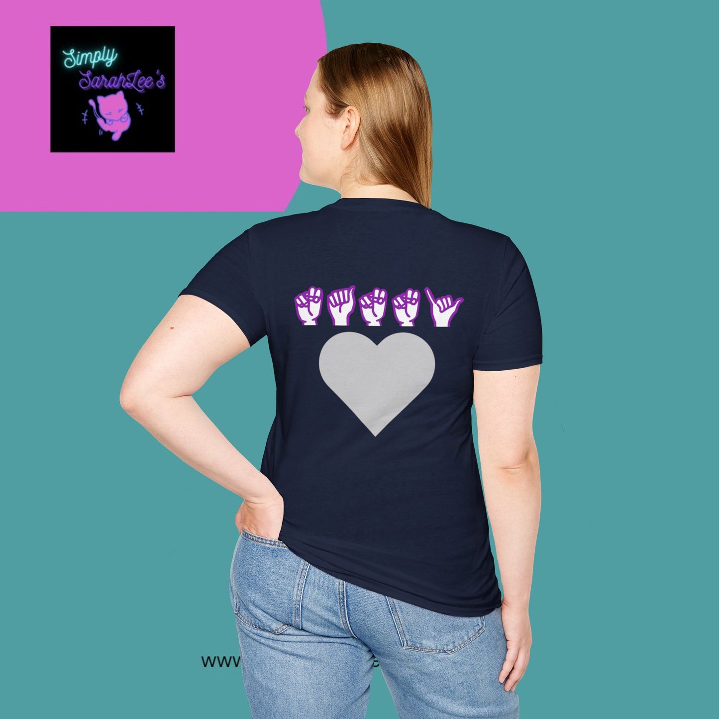 ASL Hands saying Nanny on Front and back with purple and grey hearts Unisex Softstyle T-Shirt