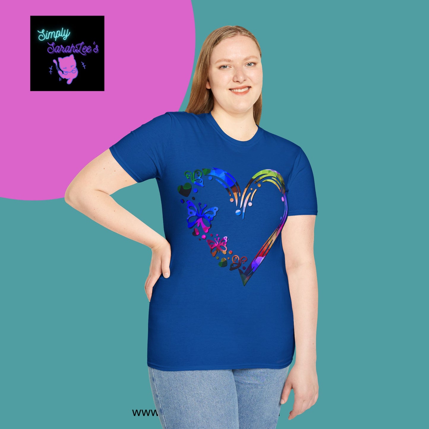 Rainbow Heart with butterflies Unisex Softstyle T-Shirt for Teens and Adults