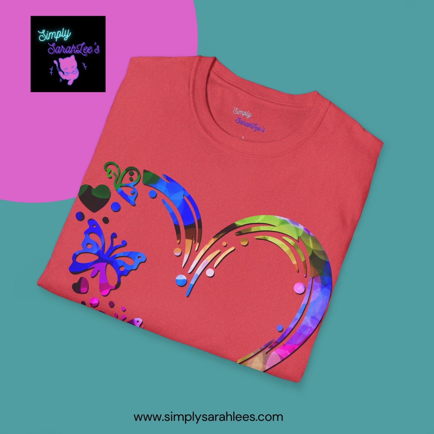 Rainbow Heart with butterflies Unisex Softstyle T-Shirt for Teens and Adults