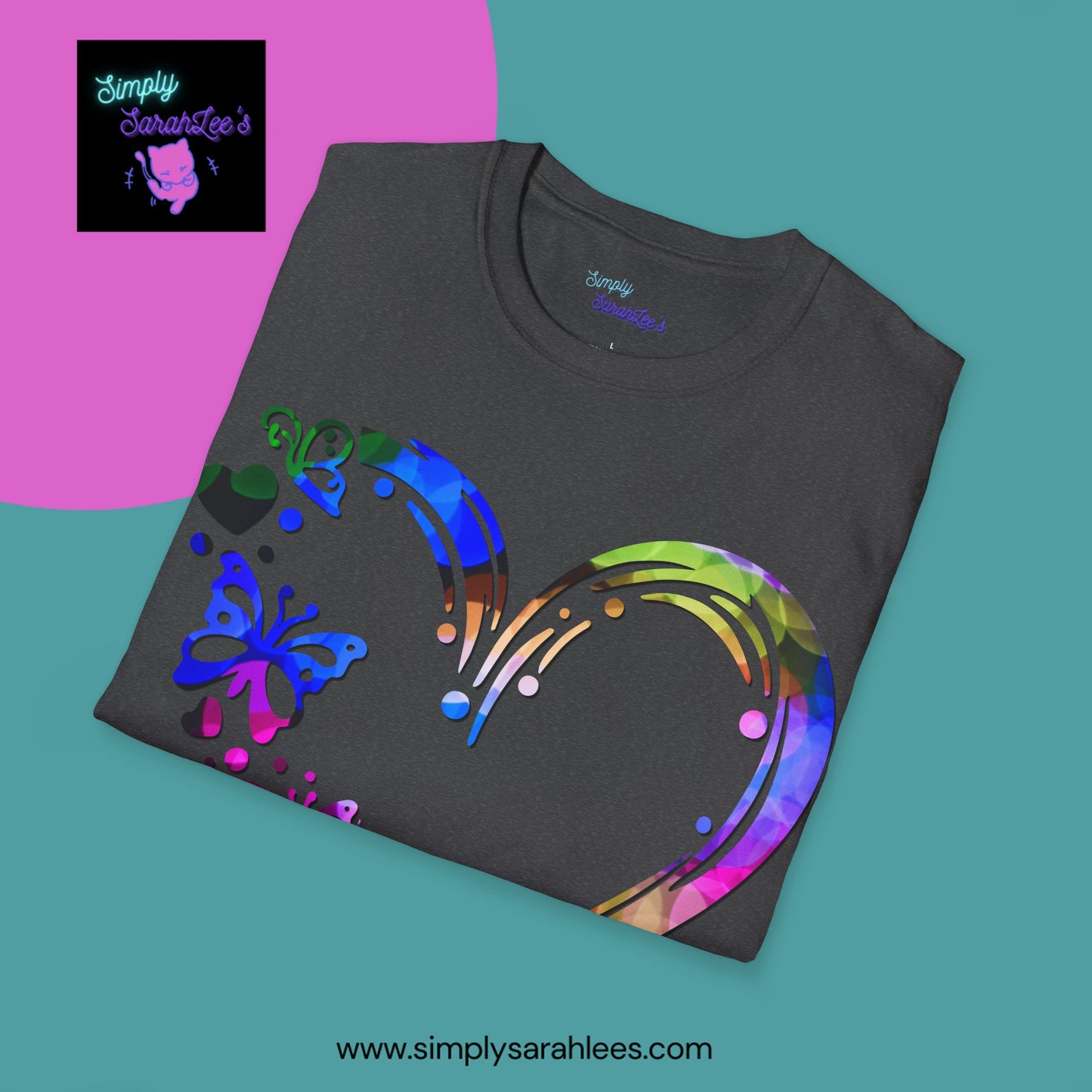 Rainbow Heart with butterflies Unisex Softstyle T-Shirt for Teens and Adults