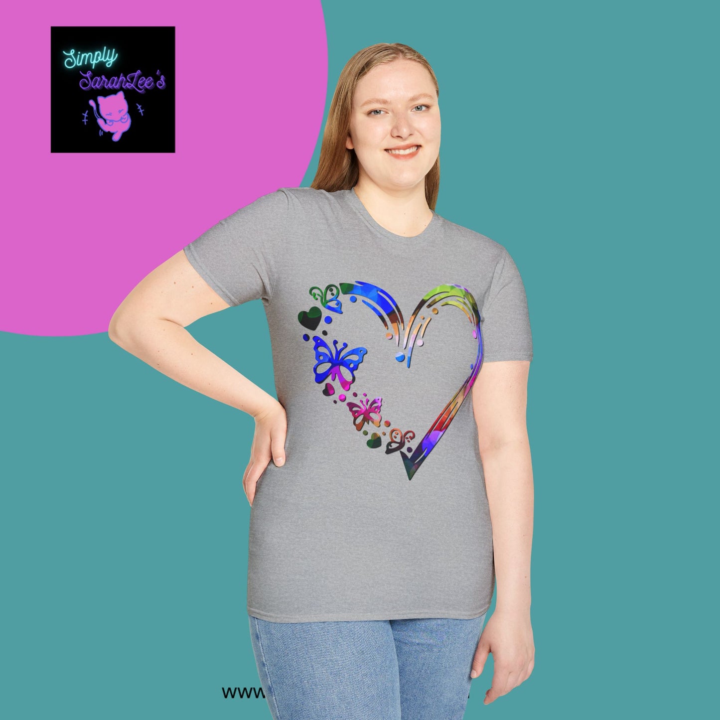 Rainbow Heart with butterflies Unisex Softstyle T-Shirt for Teens and Adults