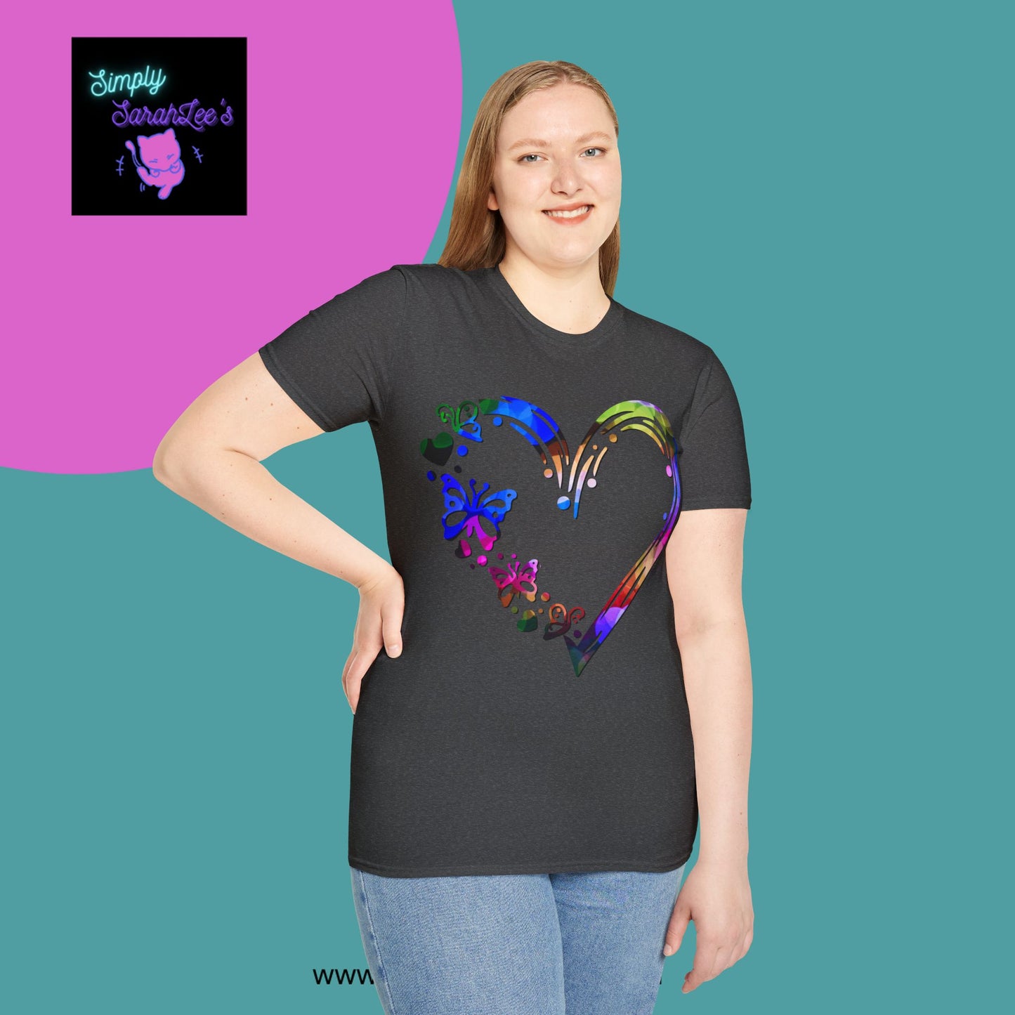 Rainbow Heart with butterflies Unisex Softstyle T-Shirt for Teens and Adults