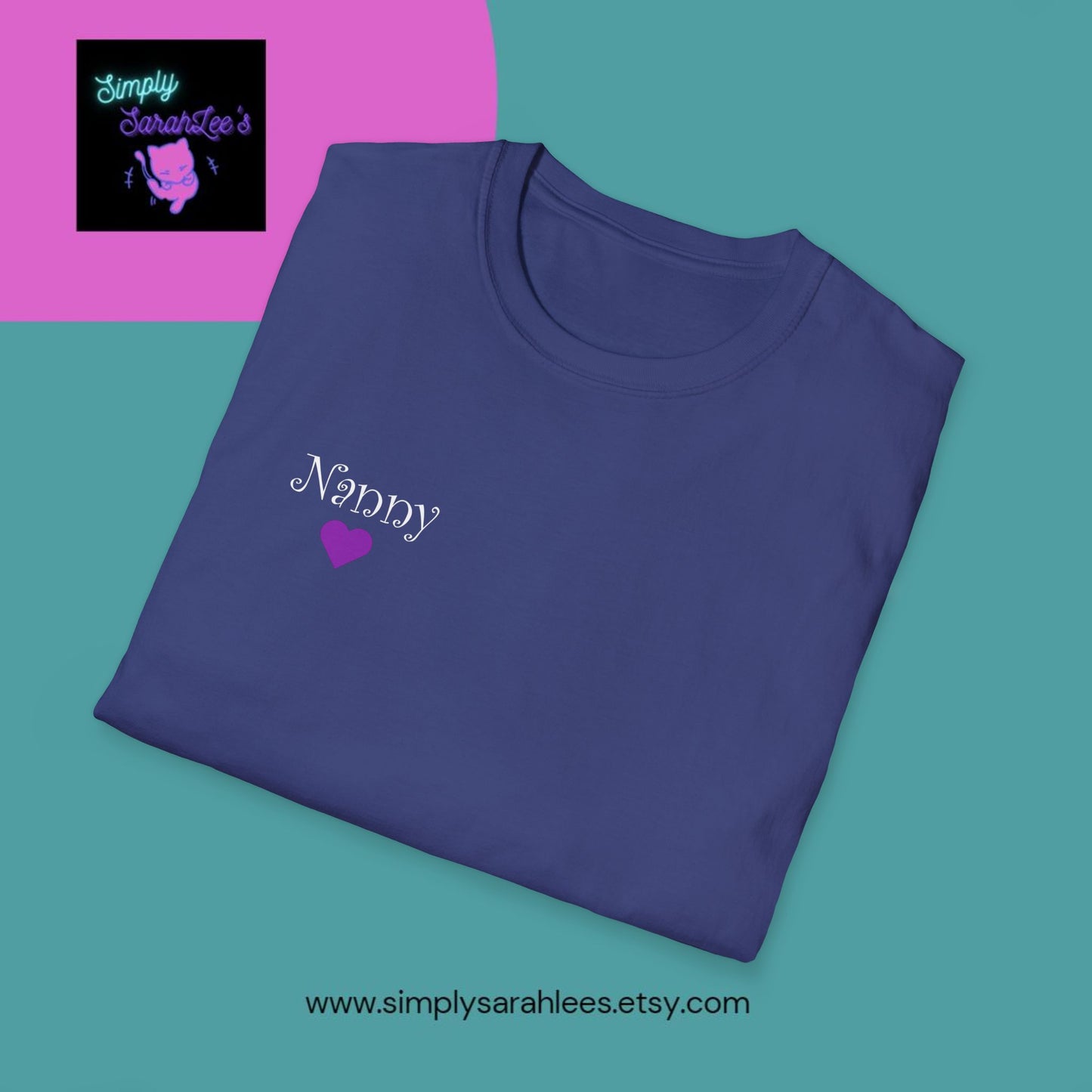 ASL Hands saying Nanny on Front and back with purple and grey hearts Unisex Softstyle T-Shirt