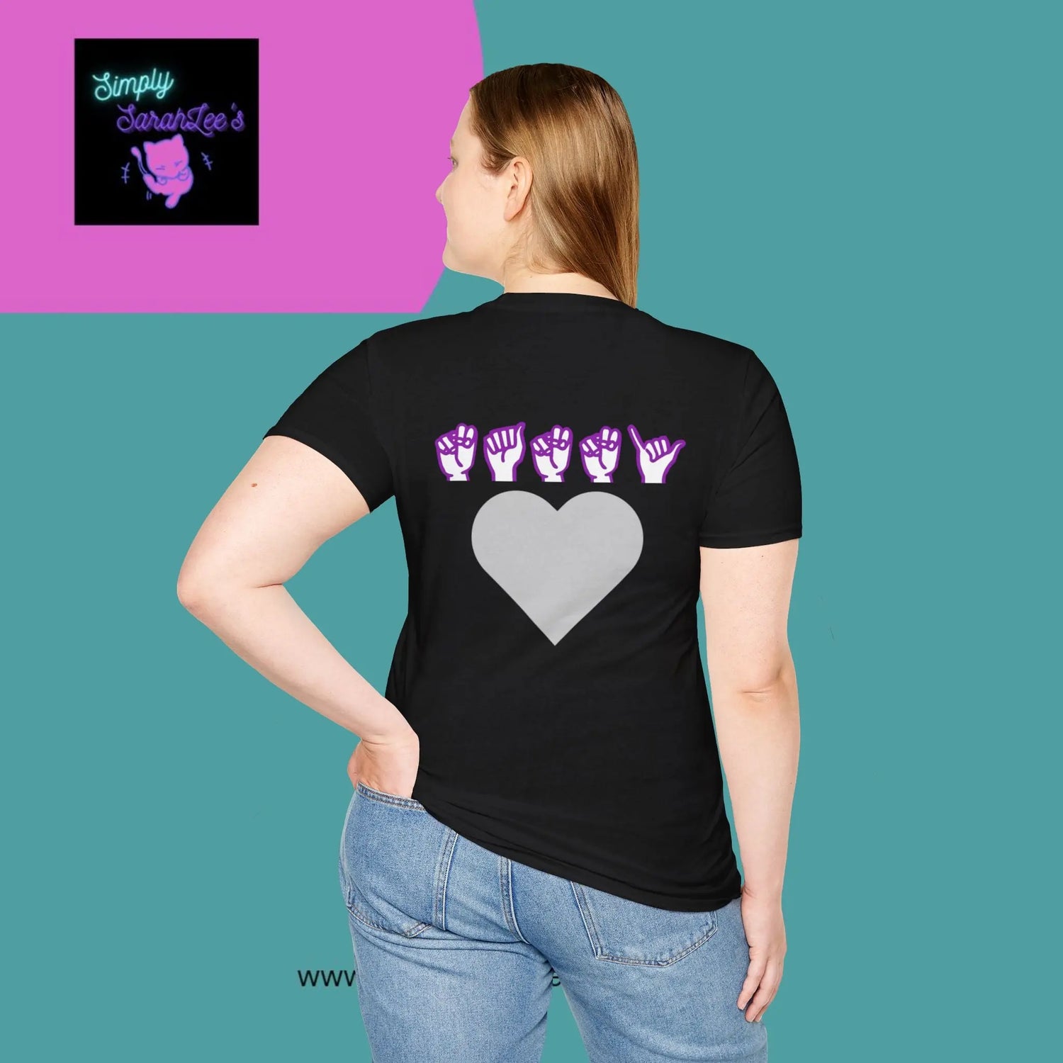 ASL Hands saying Nanny on Front and back with purple and grey hearts Unisex Softstyle T-Shirt Printify