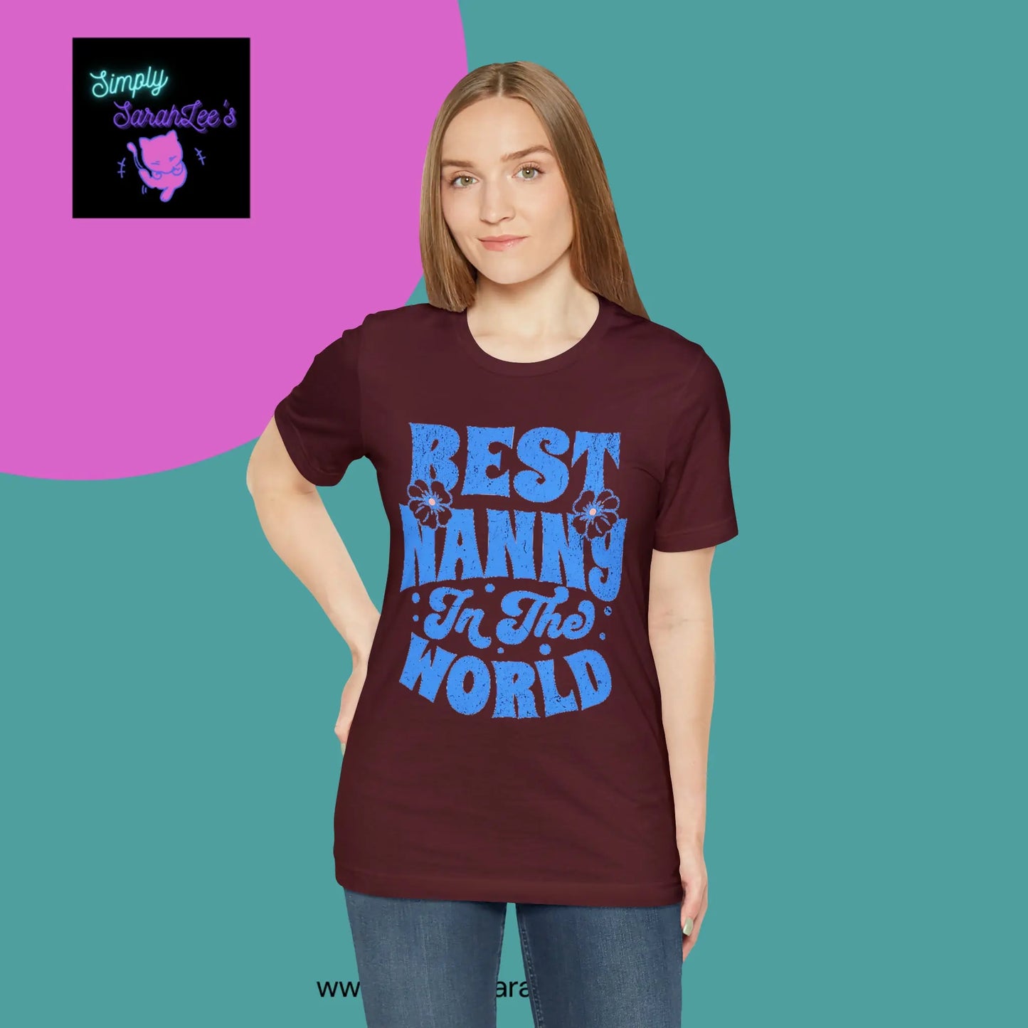 Best Nanny in the World in blue letters Unisex Jersey Short Sleeve Tee Printify