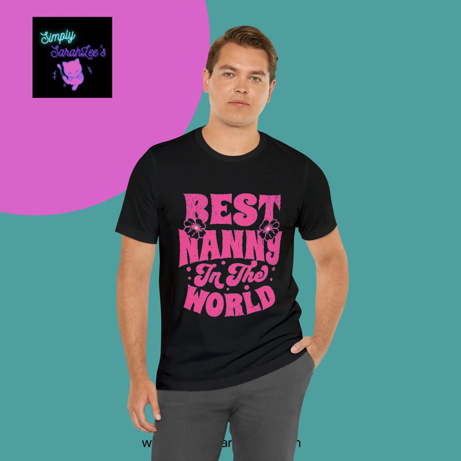 Best Nanny in the World in pink letters Unisex Jersey Short Sleeve Tee Printify