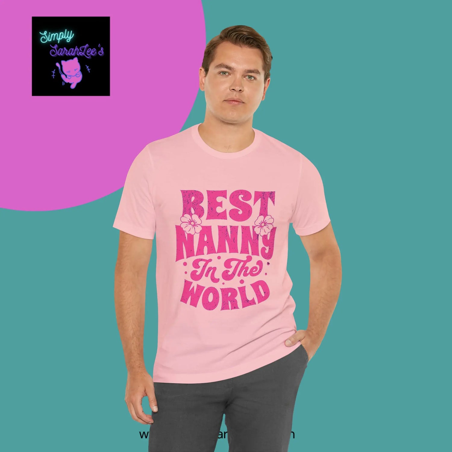 Best Nanny in the World in pink letters Unisex Jersey Short Sleeve Tee Printify