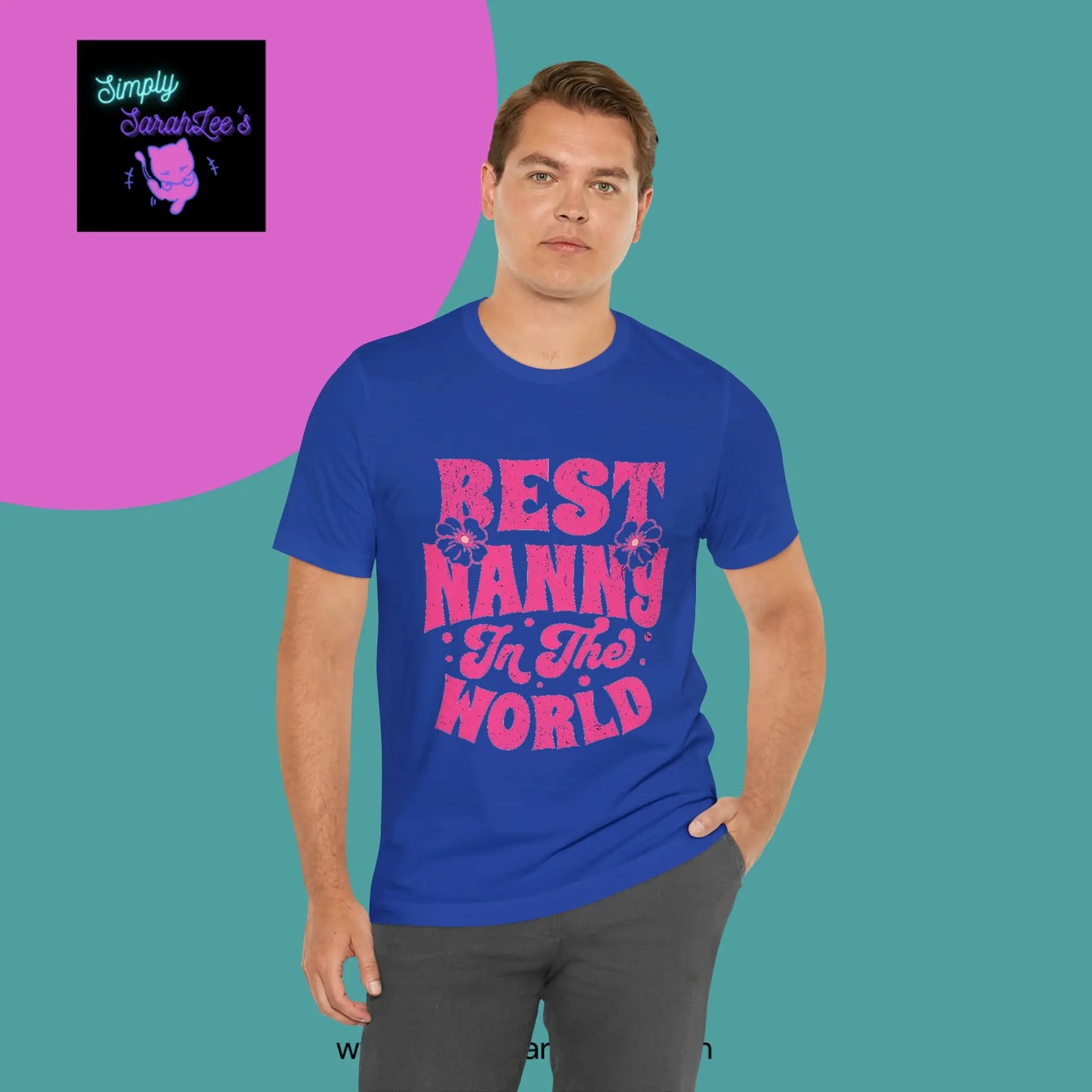 Best Nanny in the World in pink letters Unisex Jersey Short Sleeve Tee Printify