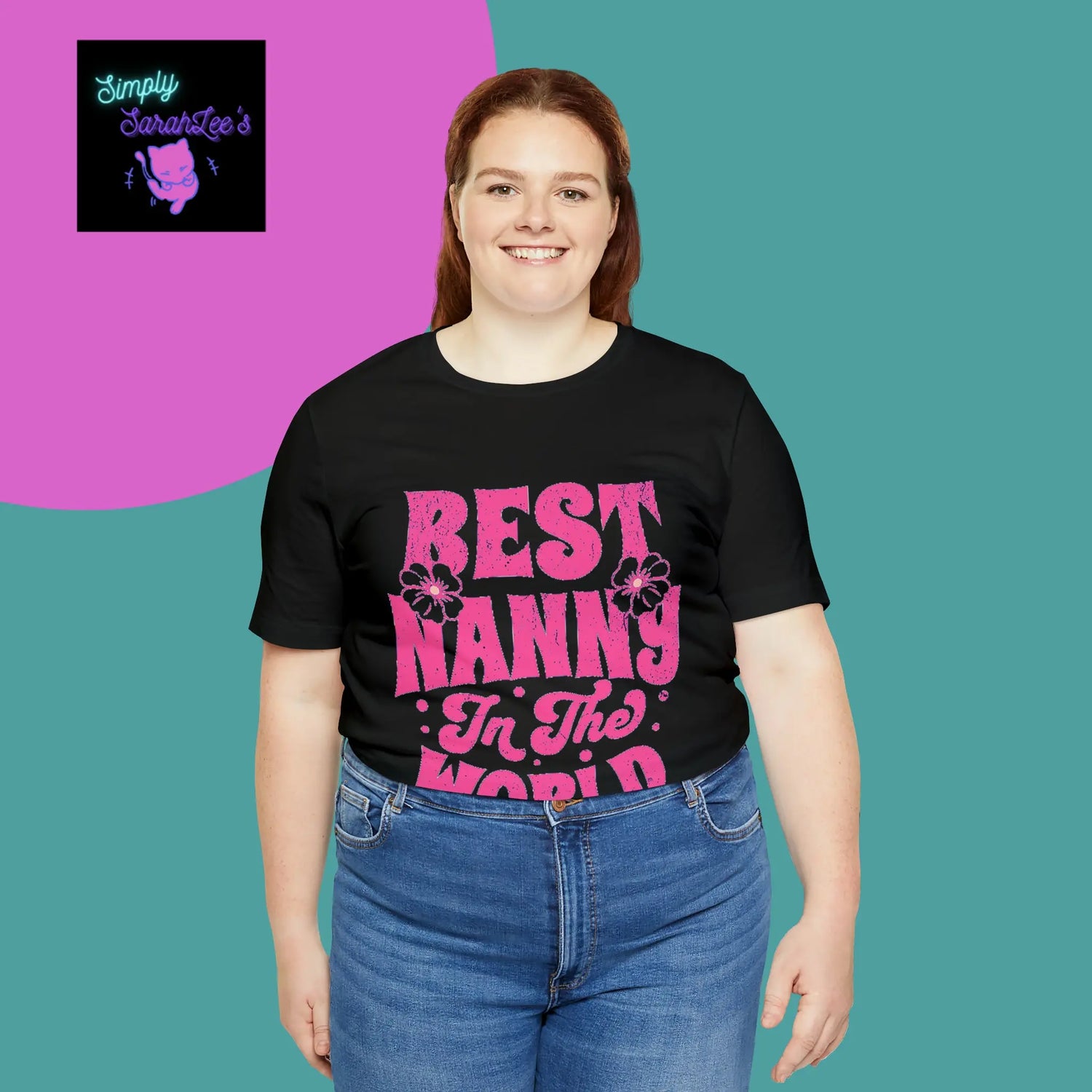 Best Nanny in the World in pink letters Unisex Jersey Short Sleeve Tee Printify