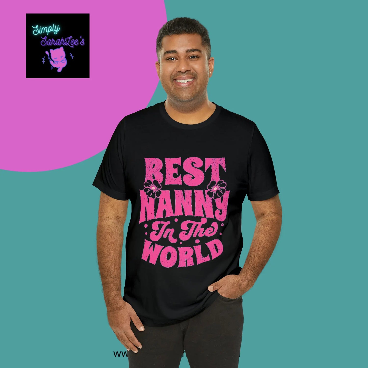 Best Nanny in the World in pink letters Unisex Jersey Short Sleeve Tee Printify