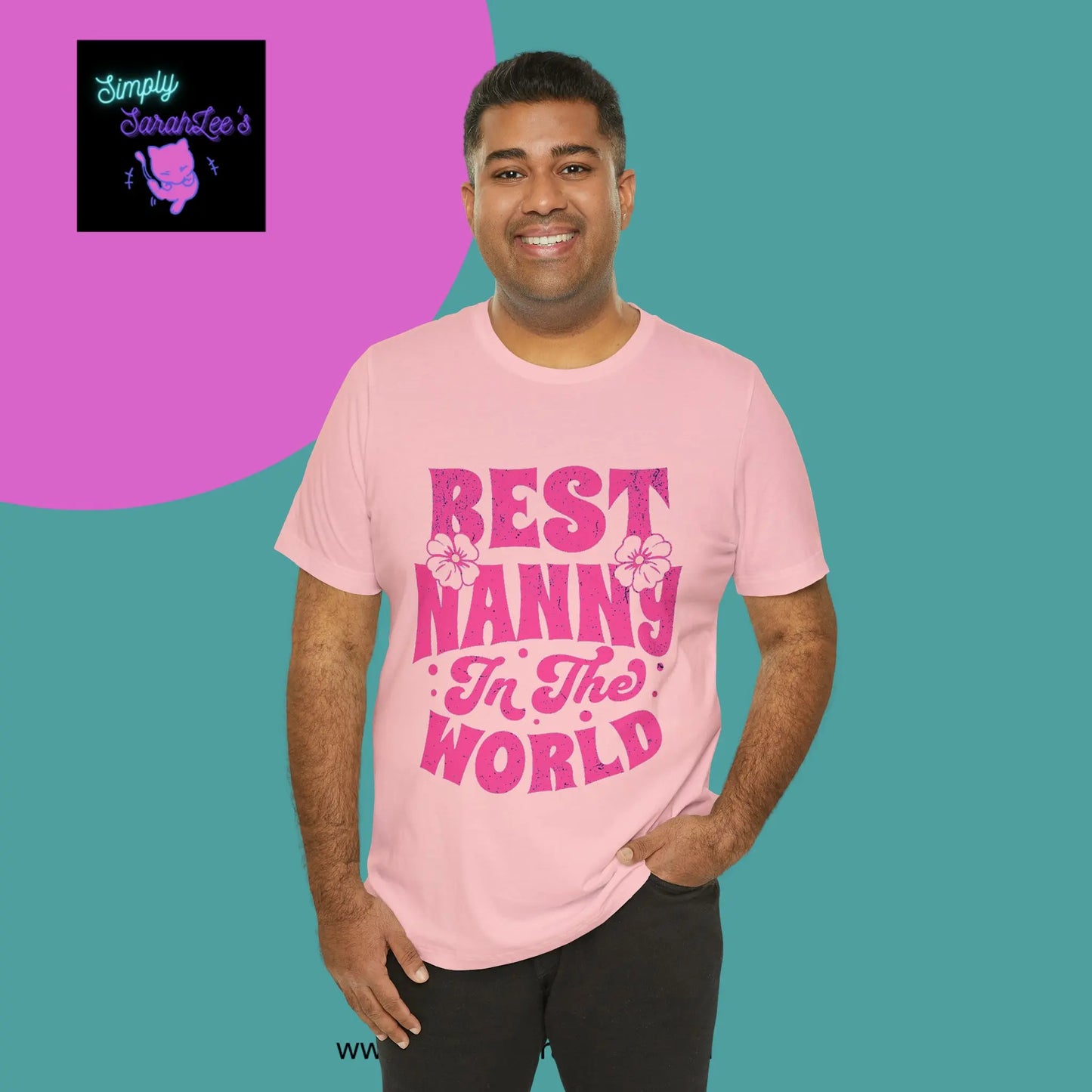 Best Nanny in the World in pink letters Unisex Jersey Short Sleeve Tee Printify