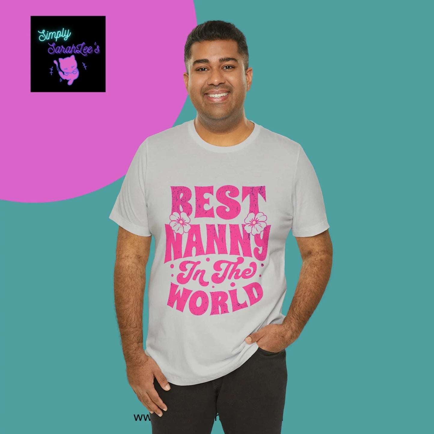 Best Nanny in the World in pink letters Unisex Jersey Short Sleeve Tee Printify