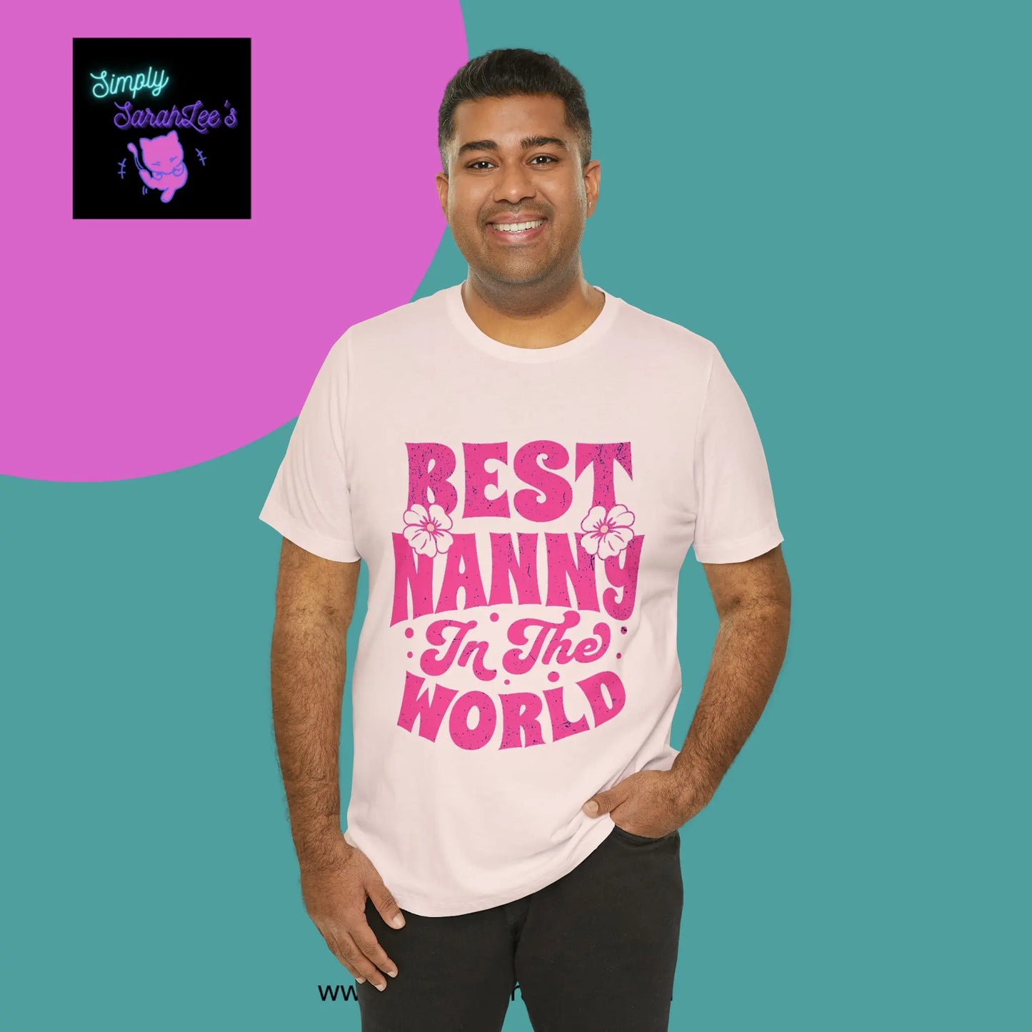 Best Nanny in the World in pink letters Unisex Jersey Short Sleeve Tee Printify