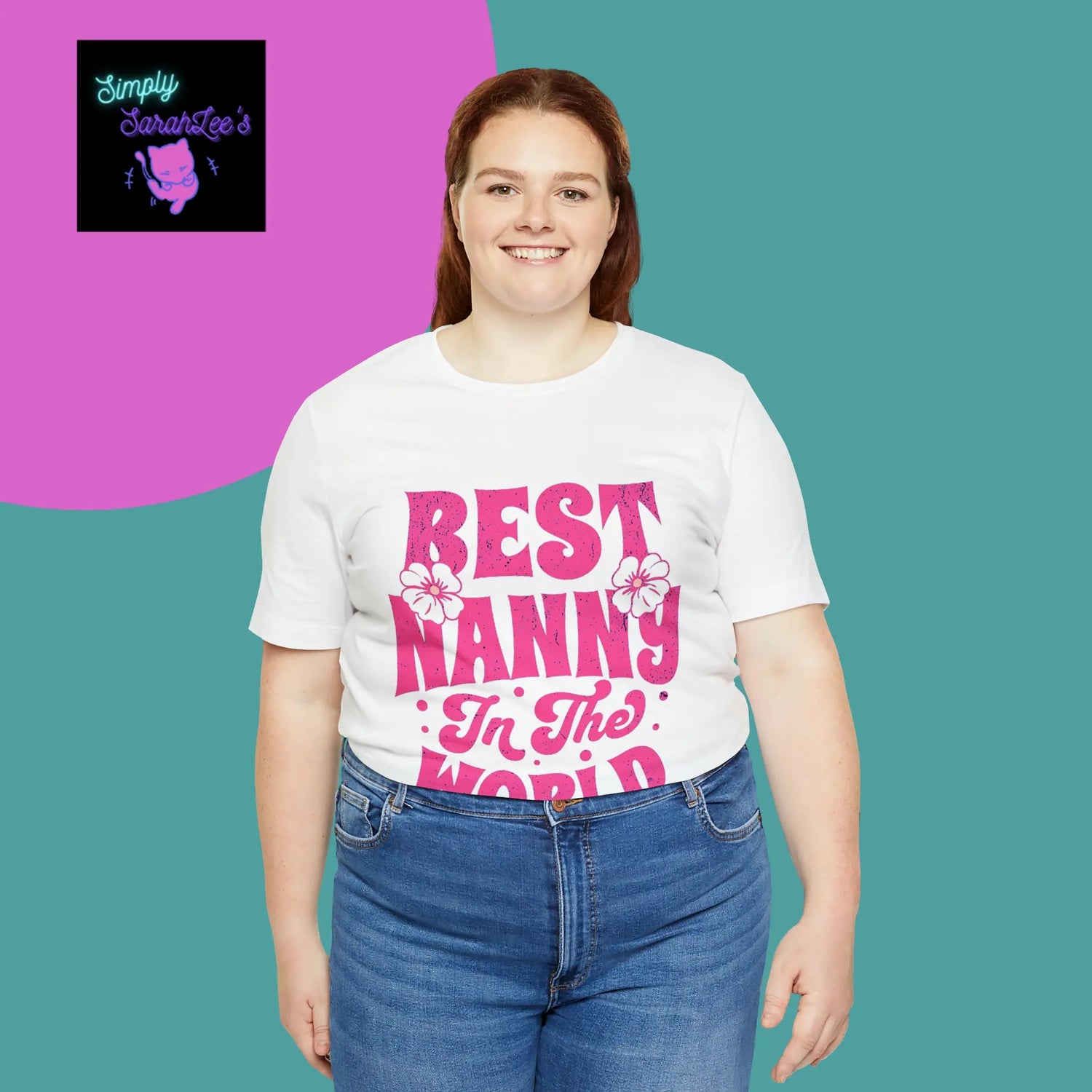 Best Nanny in the World in pink letters Unisex Jersey Short Sleeve Tee Printify