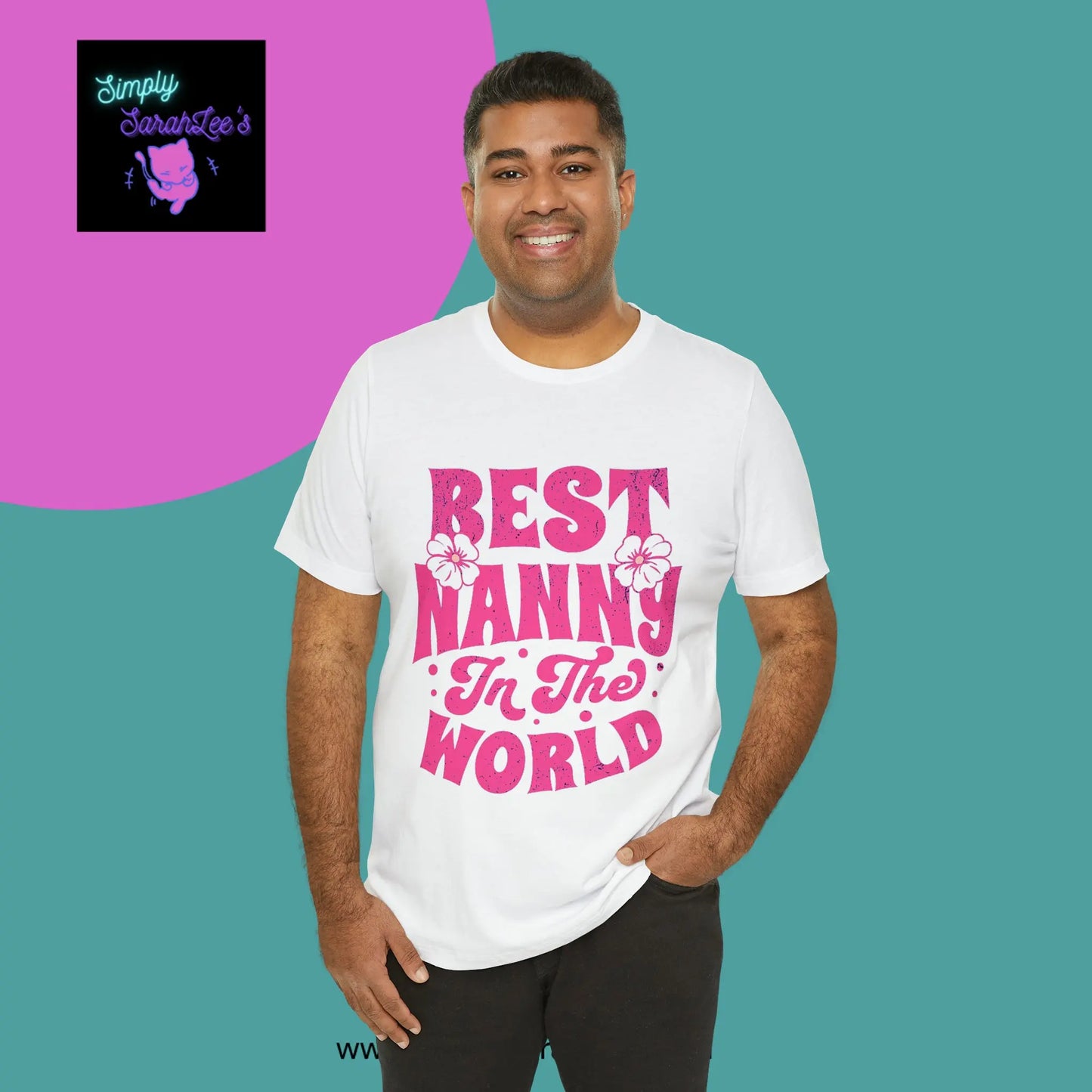 Best Nanny in the World in pink letters Unisex Jersey Short Sleeve Tee Printify