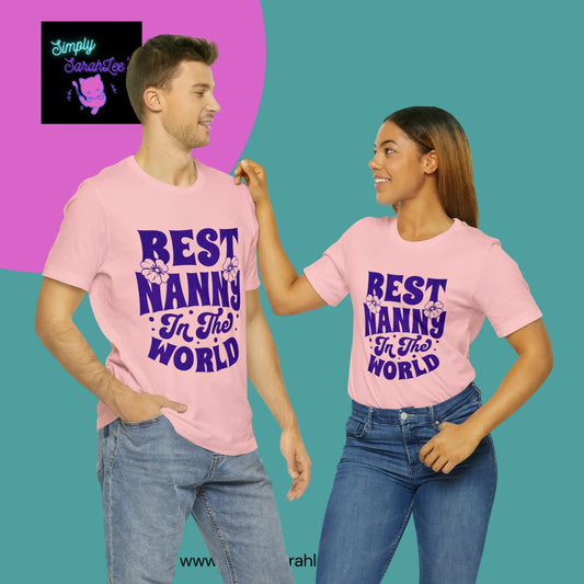 Best Nanny in the World in purple letters Unisex Jersey Short Sleeve Tee Printify