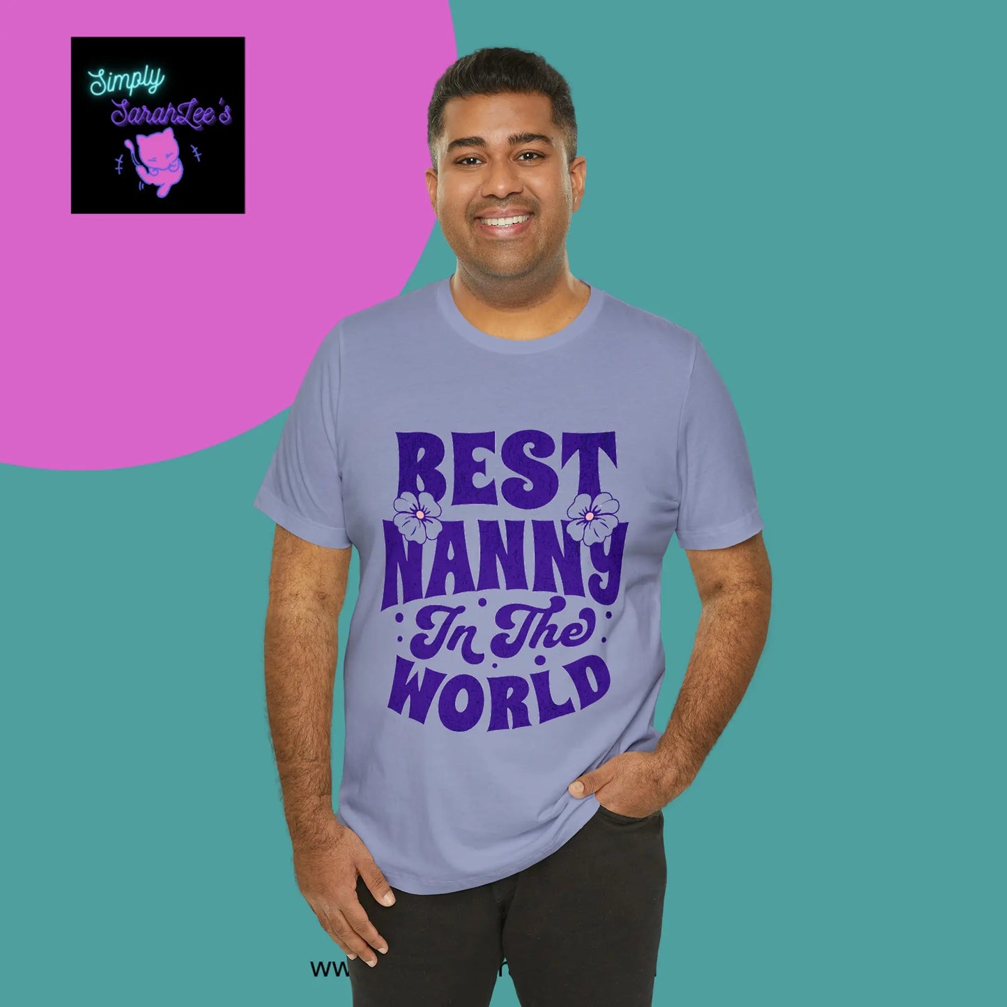 Best Nanny in the World in purple letters Unisex Jersey Short Sleeve Tee Printify