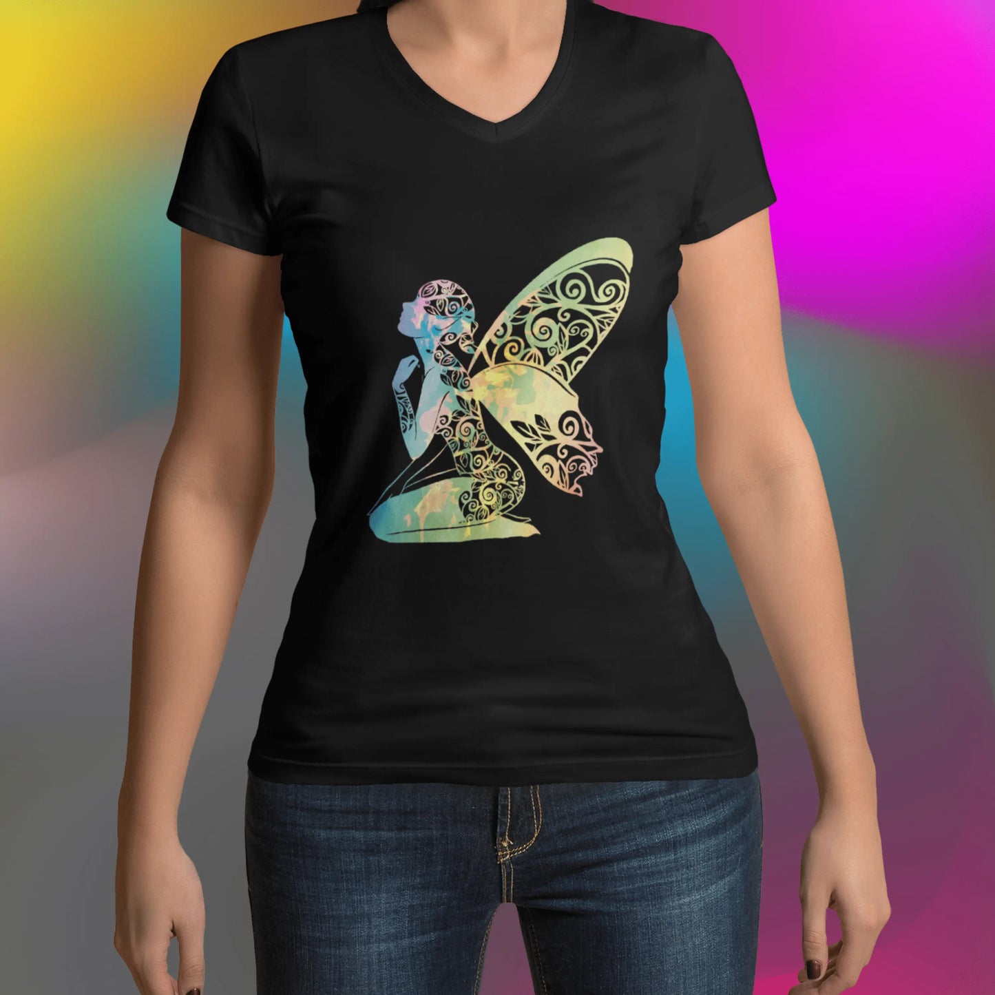 Broken Fire Fairy Rainbow Unisex Jersey Short Sleeve V-Neck Tee