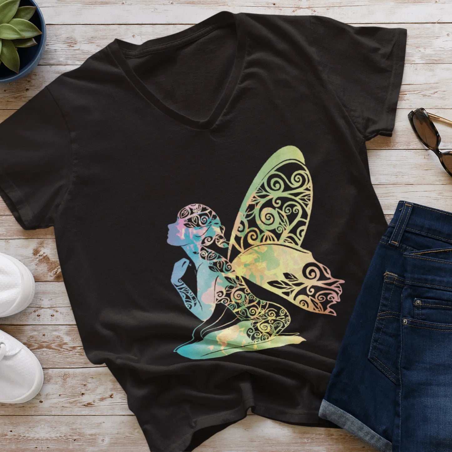 Broken Fire Fairy Rainbow Unisex Jersey Short Sleeve V-Neck Tee