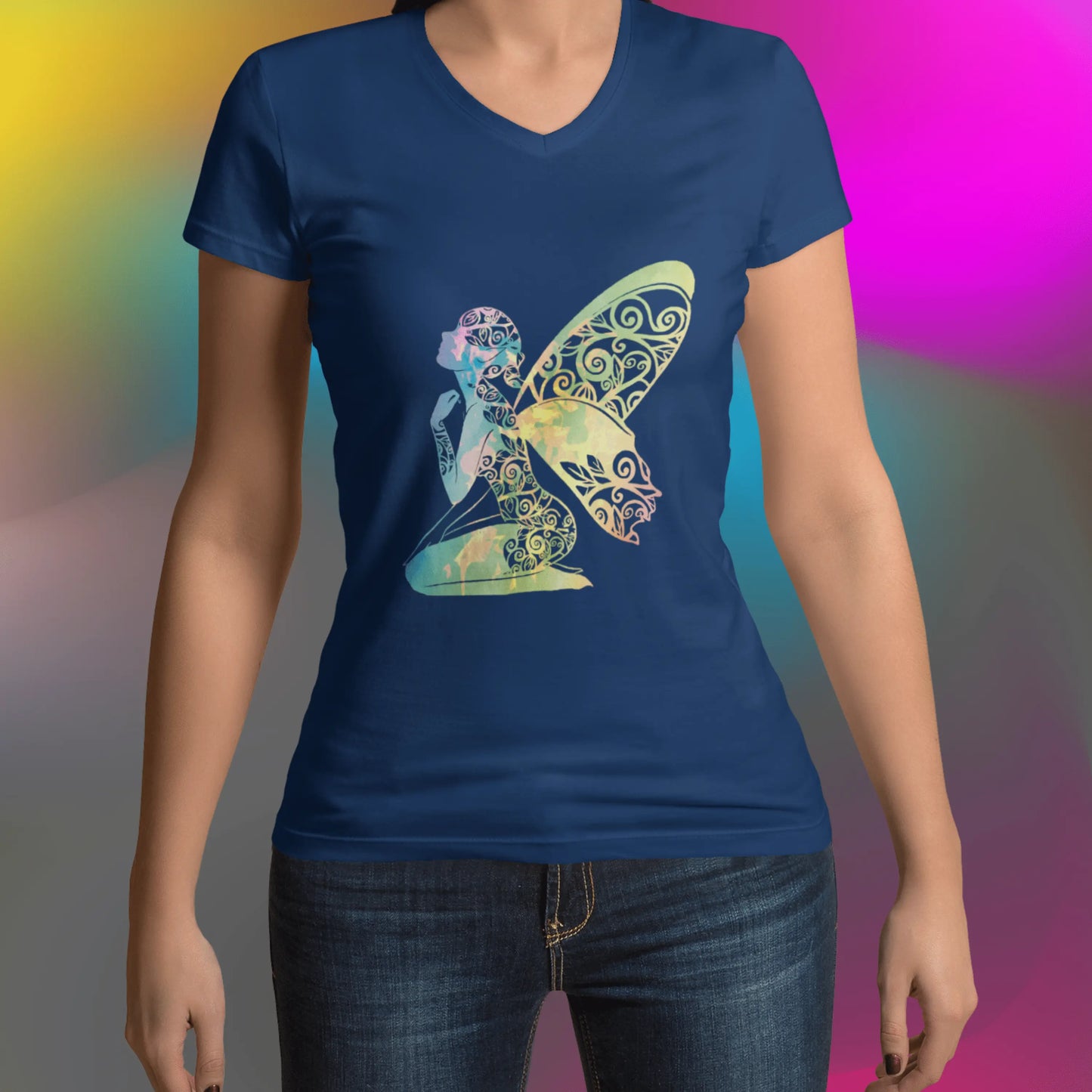 Broken Fire Fairy Rainbow Unisex Jersey Short Sleeve V-Neck Tee