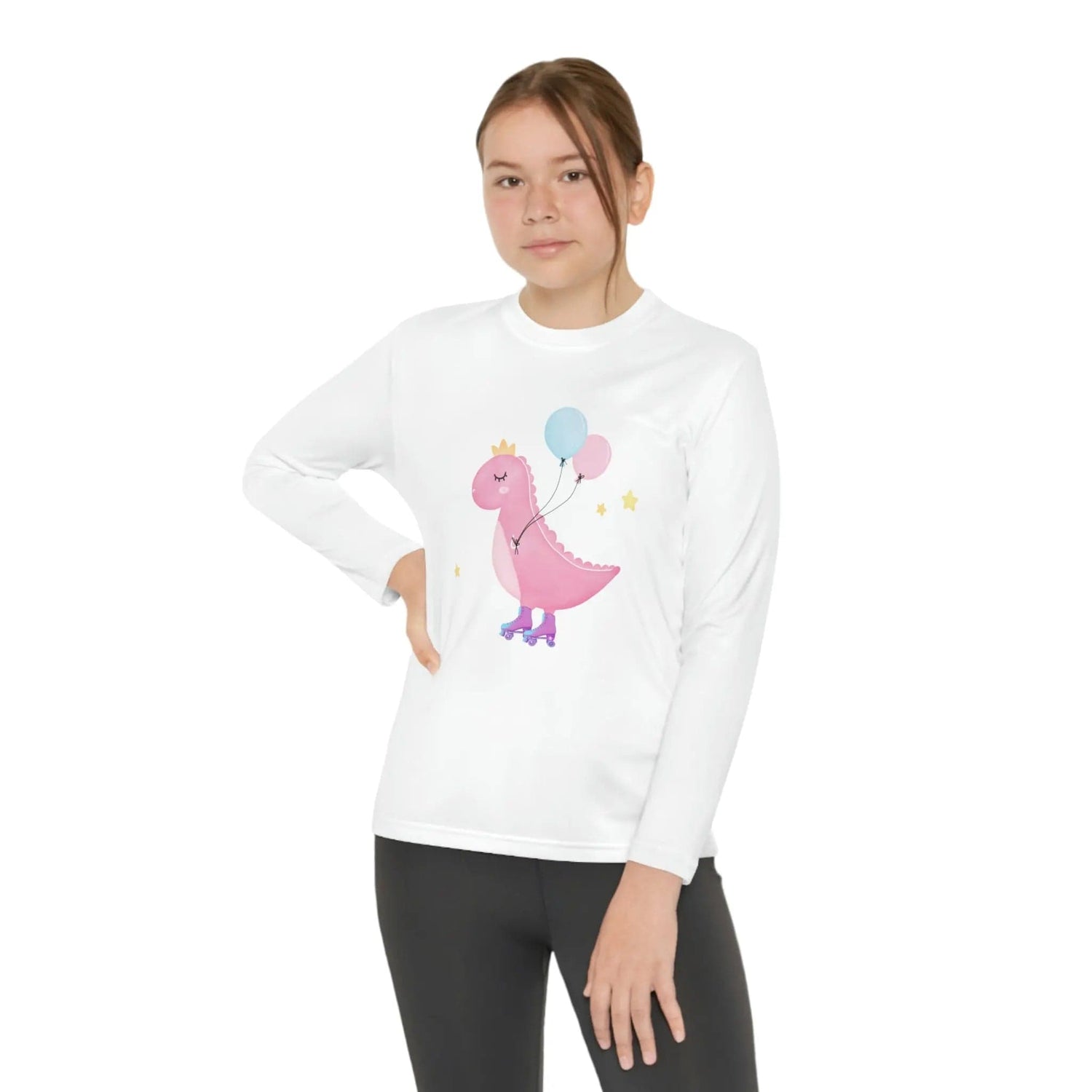 Dino dinosaur skating balloons Youth Long Sleeve Competitor Tee White