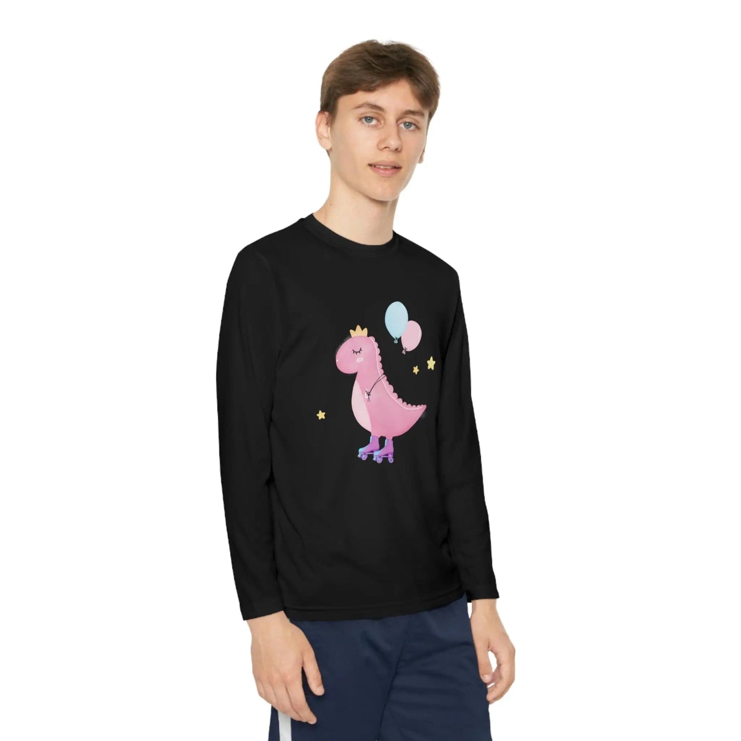 Dino dinosaur skating balloons Youth Long Sleeve Competitor Tee Black