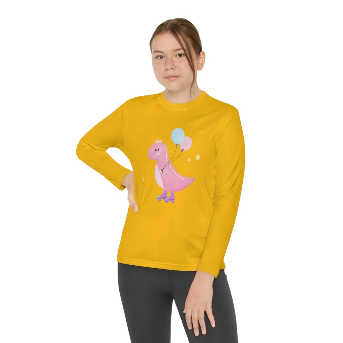 Dino dinosaur skating balloons Youth Long Sleeve Competitor Tee Gold