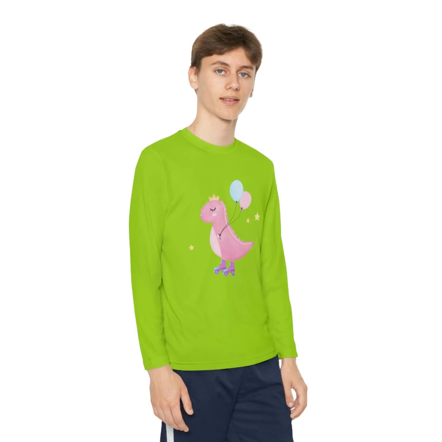 Dino dinosaur skating balloons Youth Long Sleeve Competitor Tee Lime Shock XL