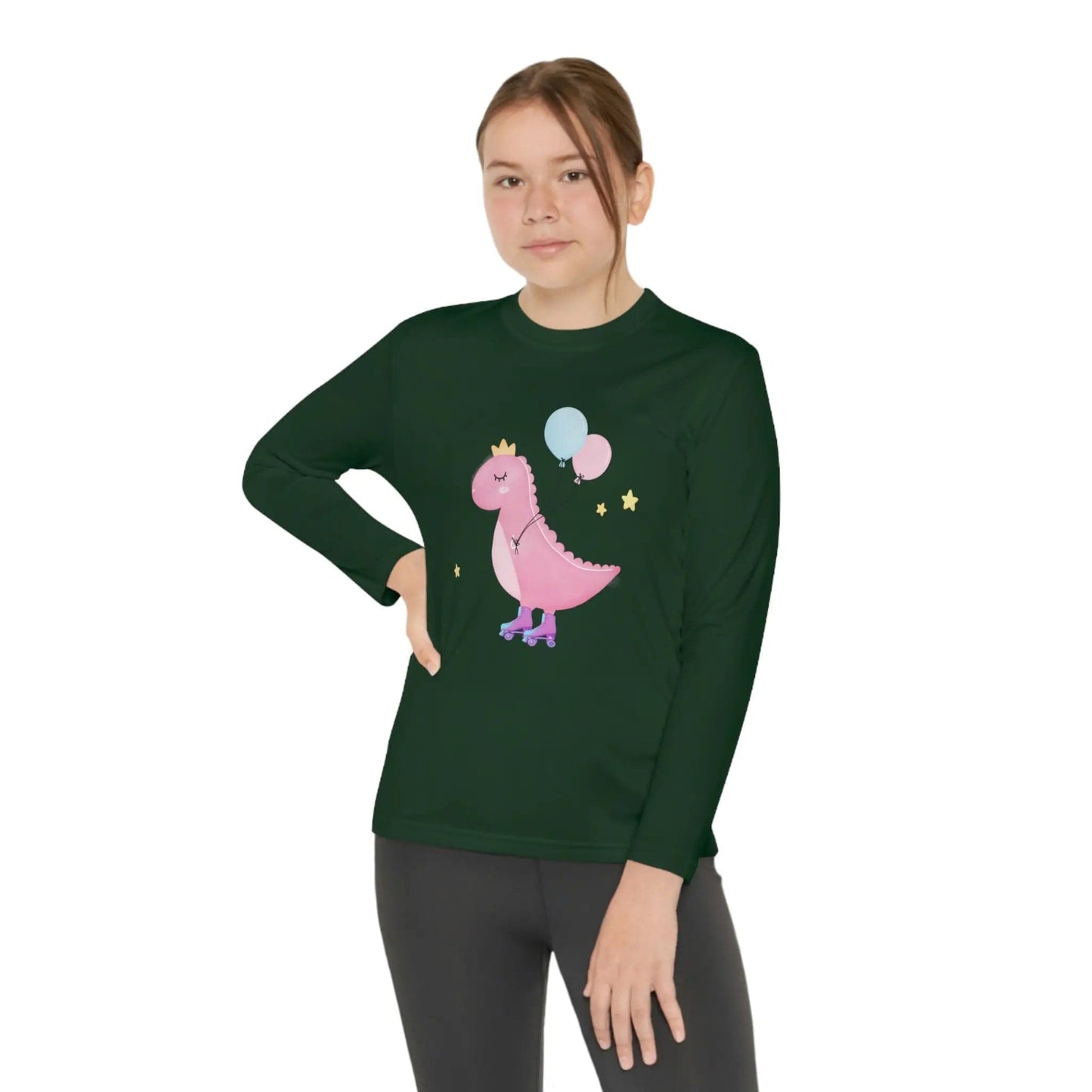 Dino dinosaur skating balloons Youth Long Sleeve Competitor Tee Forest Green L