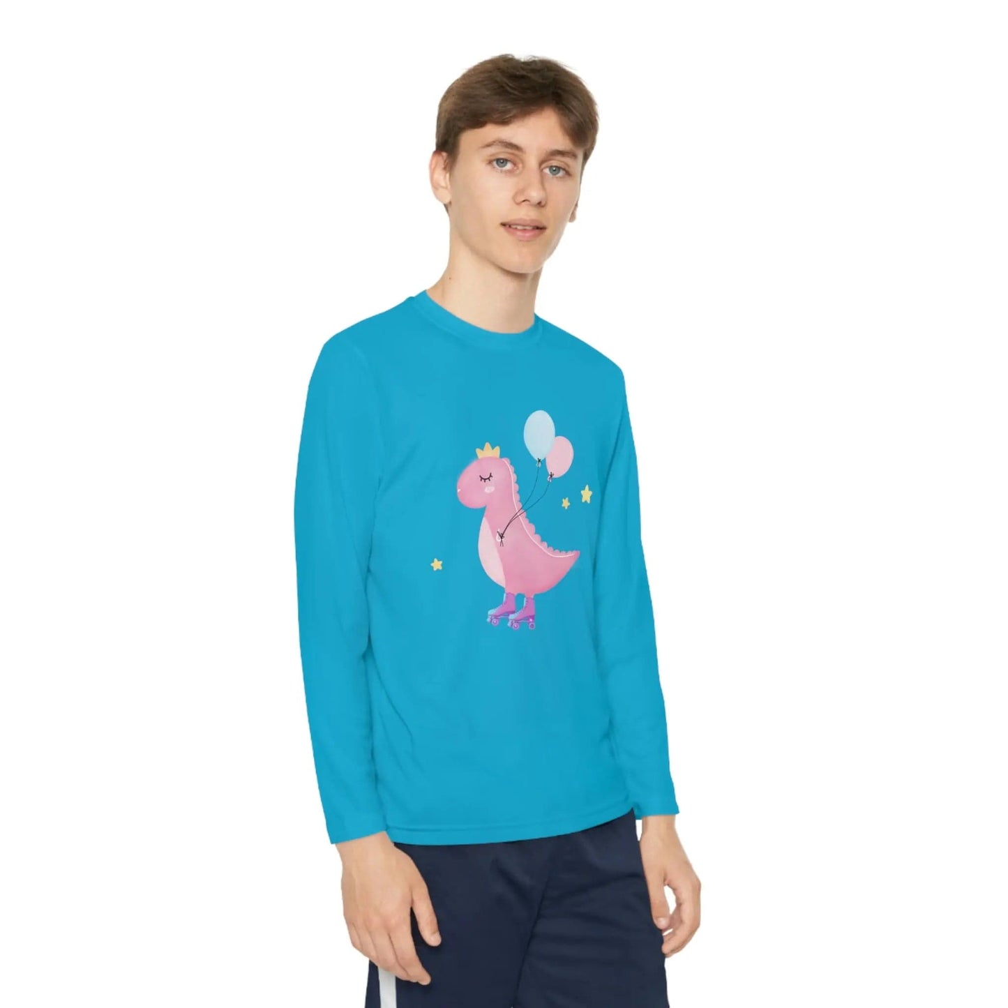 Dino dinosaur skating balloons Youth Long Sleeve Competitor Tee Atomic Blue