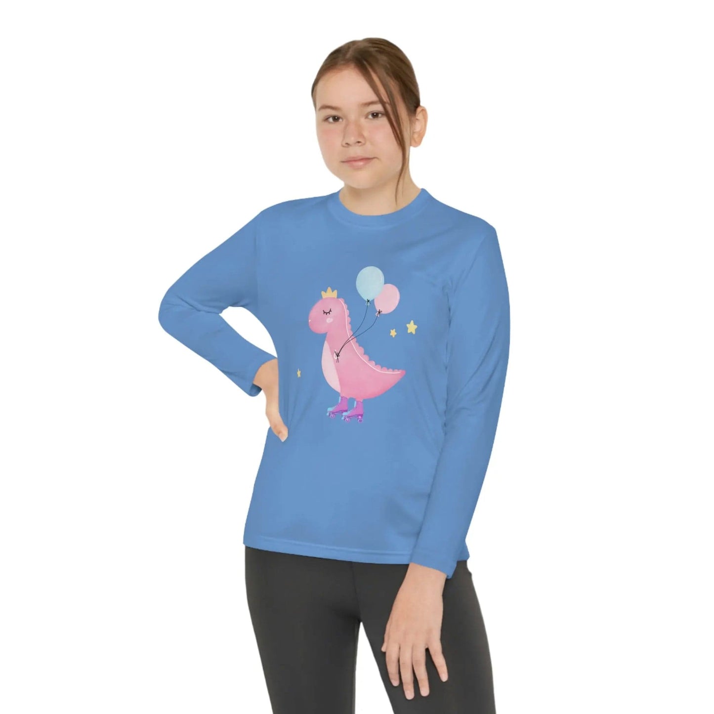 Dino dinosaur skating balloons Youth Long Sleeve Competitor Tee Carolina Blue